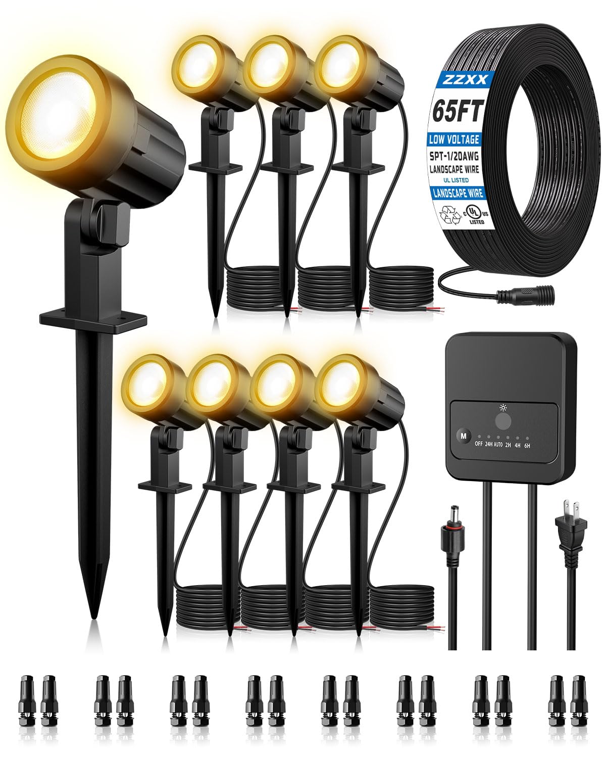 ZZXX 8 Pack Low Voltage Landscape Lights with Transformer and 65FT Wire 12-24V LED Landscape Lighting Kit 2700K Waterproof Lands