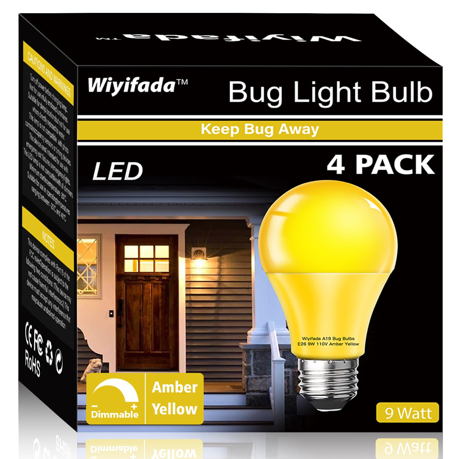 Wiyifada 9W Dimmable Amber Led Bug Light Bulbs - 4 Pack, Replace Up To 60W,