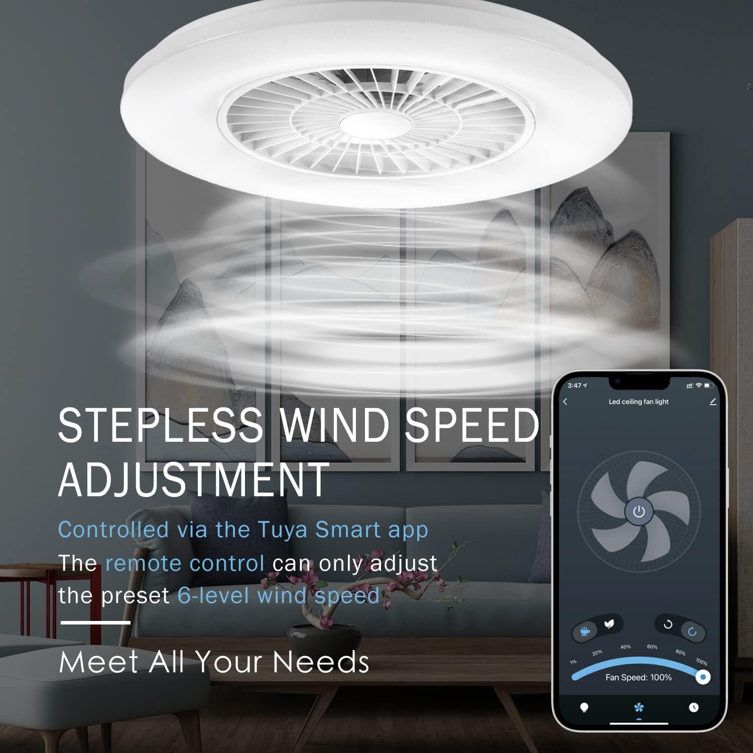 BKZO 24" Low Profile Ceiling Fan with RGB Lights & Remote, Stepless Dimming, Alexa Compatible, White, Model 323115-1-RGBCW