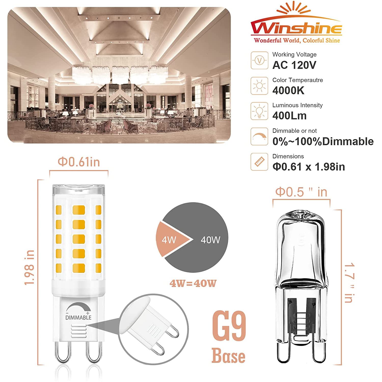 Winshine 10 Pack G9 Led Bulb Dimmable 4W (40W Halogen Equivalent) 4000K Natural Daylight, T4 Chandelier Light Bulbs G9 Bi Pin Base, No-Flicker 120V Ac 360°Beam Angle