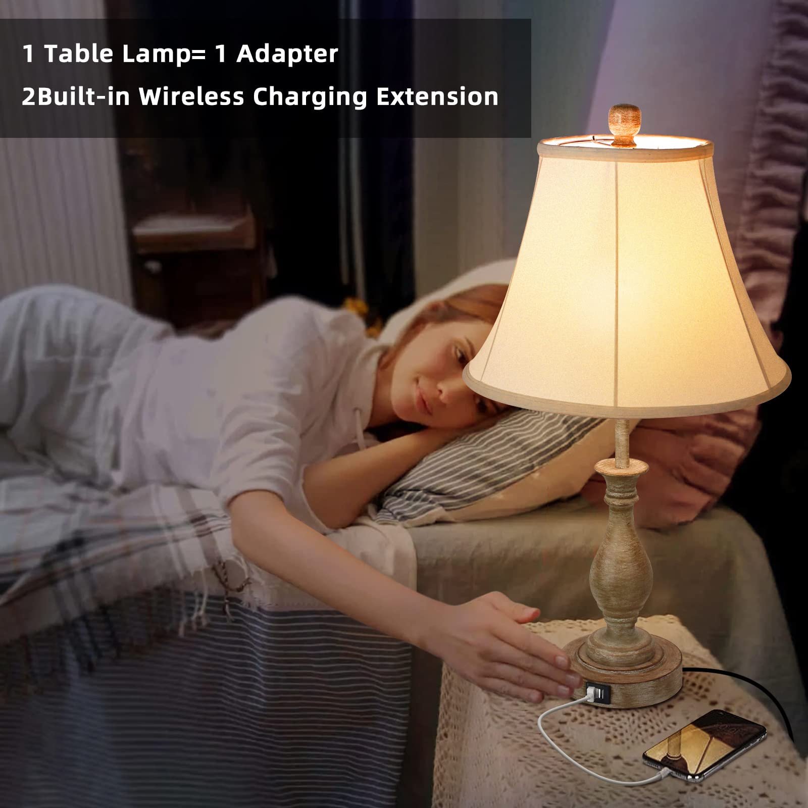 LALISU Farmhouse Table Lamp - Touch Control 3-Way Dimmable, 2 USB Ports, Fabric Shade, Multicolor, Pack-01