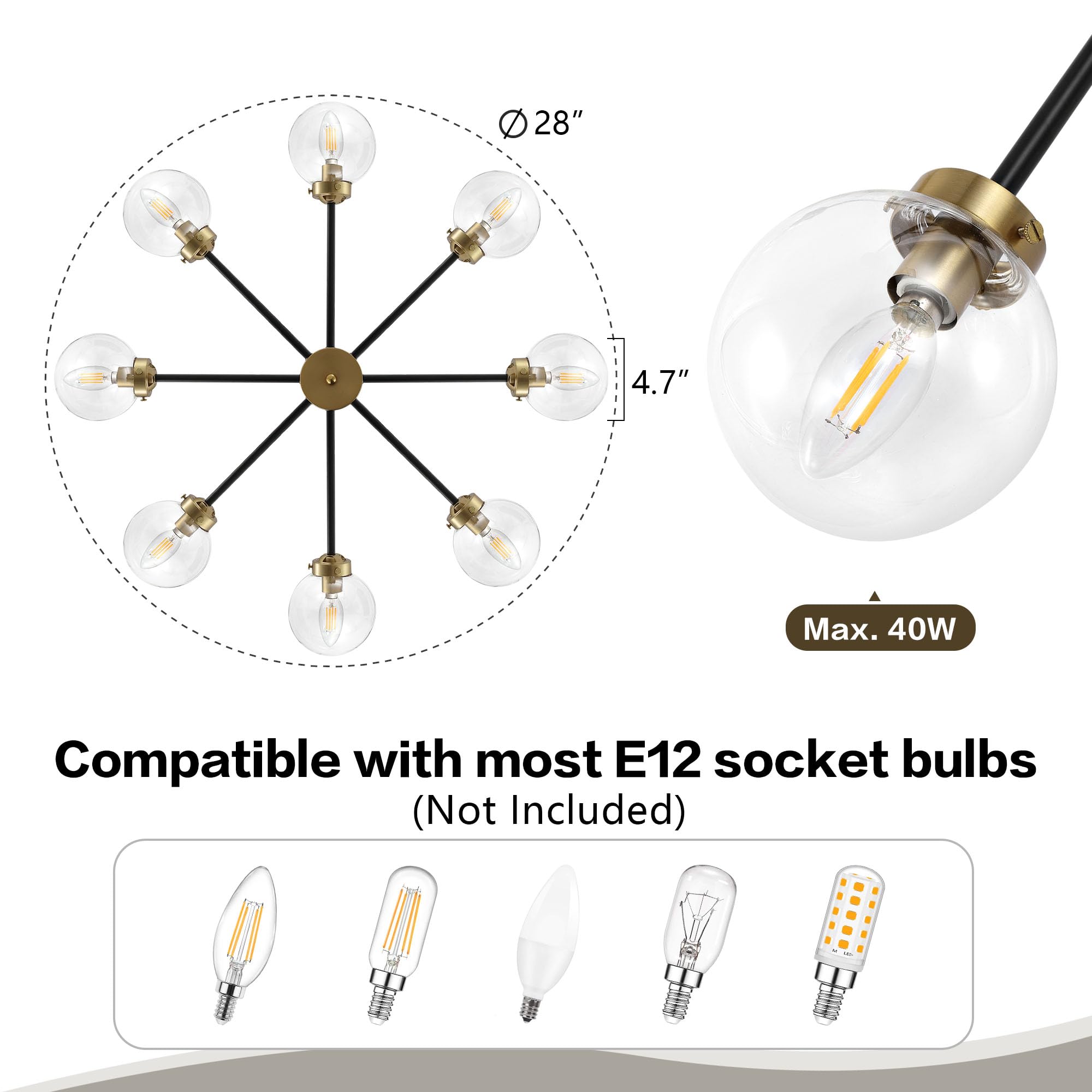Wingbo 8-Light Sputnik Chandelier, Modern Pendant Light Fixture With 4.7" Clear Glass Globe Shade For Flat And Slop Ceiling, Height Adjustable For Kitchen Living Room Dining Room Bedroom, Black