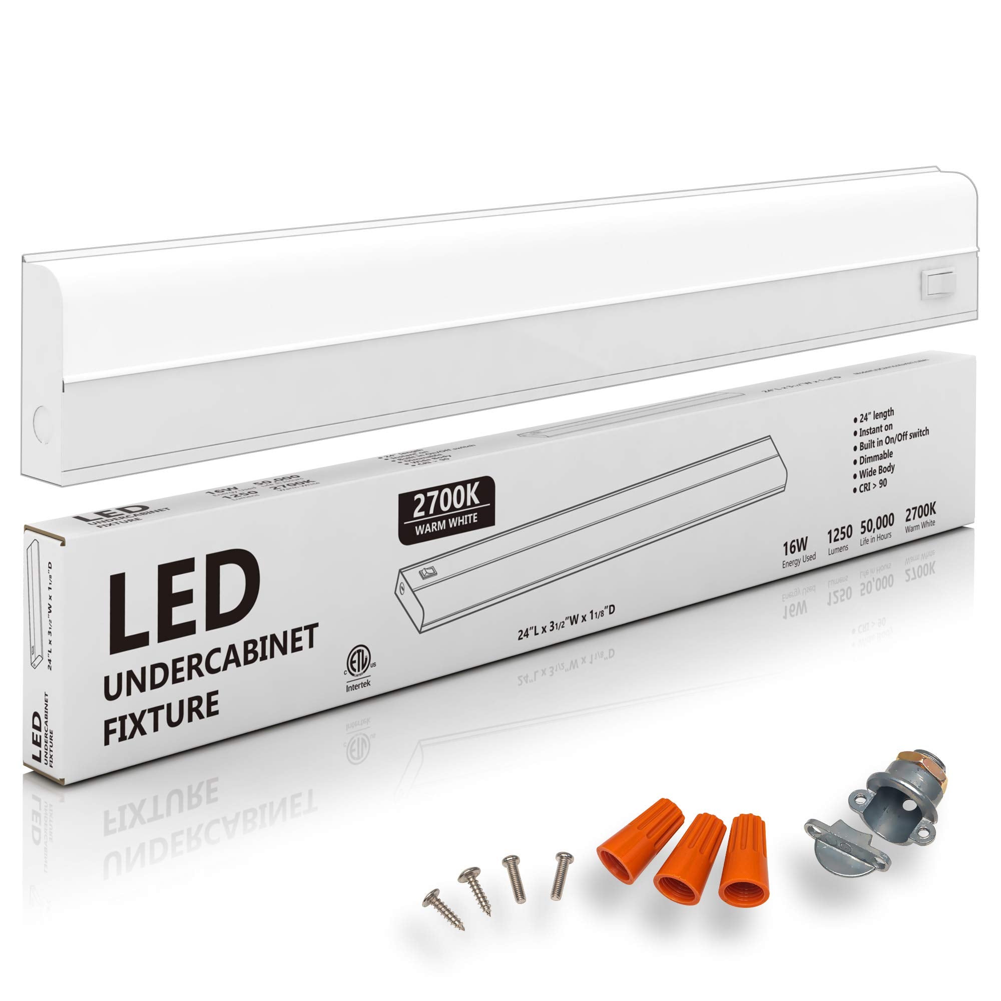 Hardwired LED Under Cabinet Task Lighting - 16 Watt, 24'', Dimmable, CRI>90, 2700K (Warm White), Wide Body, Long Lasting Metal B