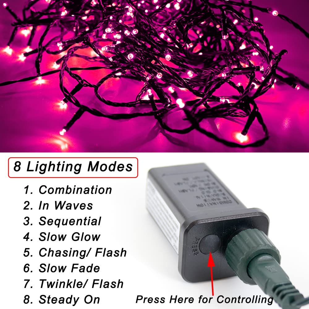 Pooqla Pink String Lights, 200 Led 66 Ft Indoor And Outdoor Decorative Led Lights, 8 Modes Valentines Day Pink Fairy Lights For