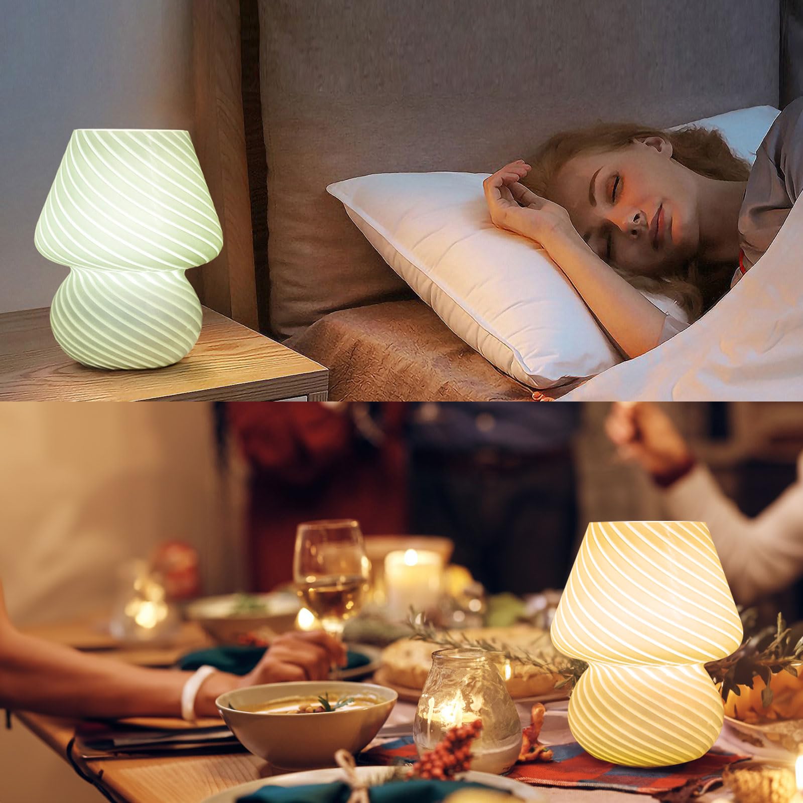 ULAROOM Mushroom Lamp, USB Plug-in, 3 Temperature LED Bulb, Glass, Stripe Green, Model JYTD23, Ideal for Bedroom/Living Room Decor
