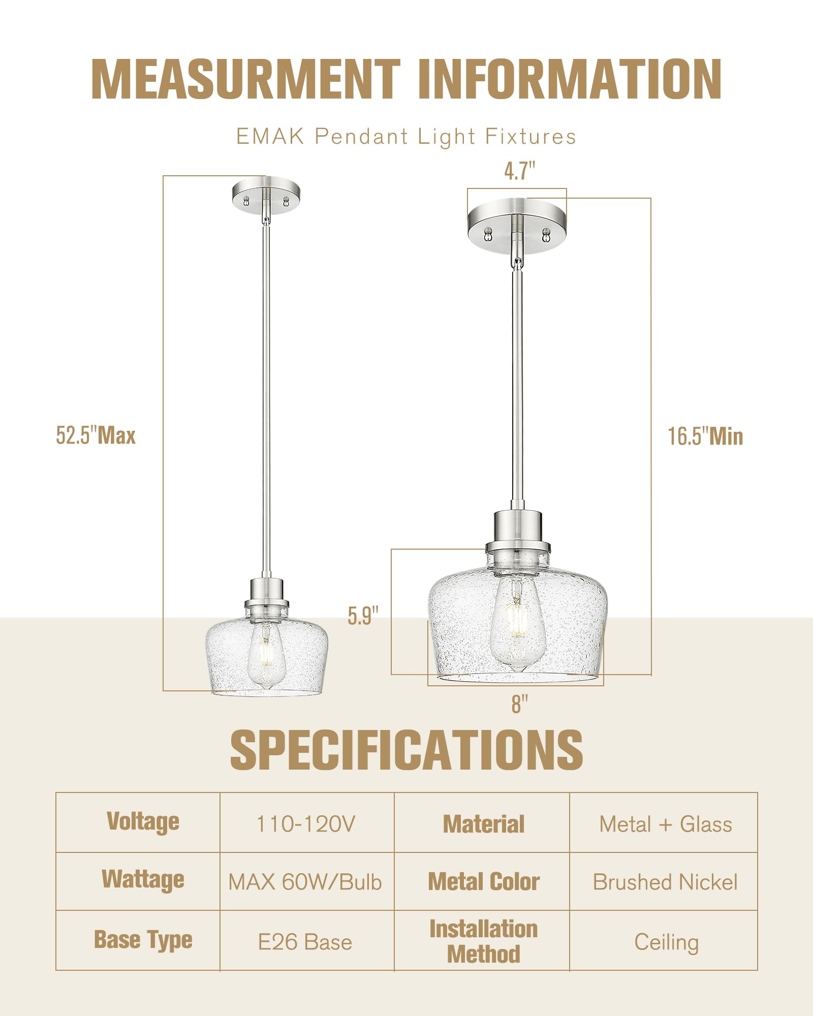Emak Modern Brushed Nickel Pendant Lights Kitchen Island, 2 Pack 8 Inch Seeded Glass Pendant Light Fixtures For Kitchen Island,