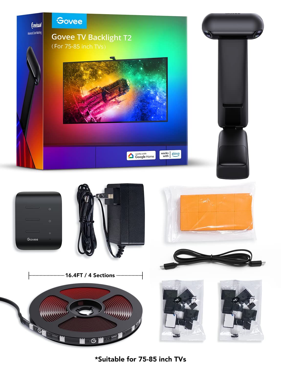 Govee Envisual T2 RGBIC Wi-Fi LED Backlight for 75-85 inch TVs, Multicolor, Model H605C, Smart App Control, Music Sync