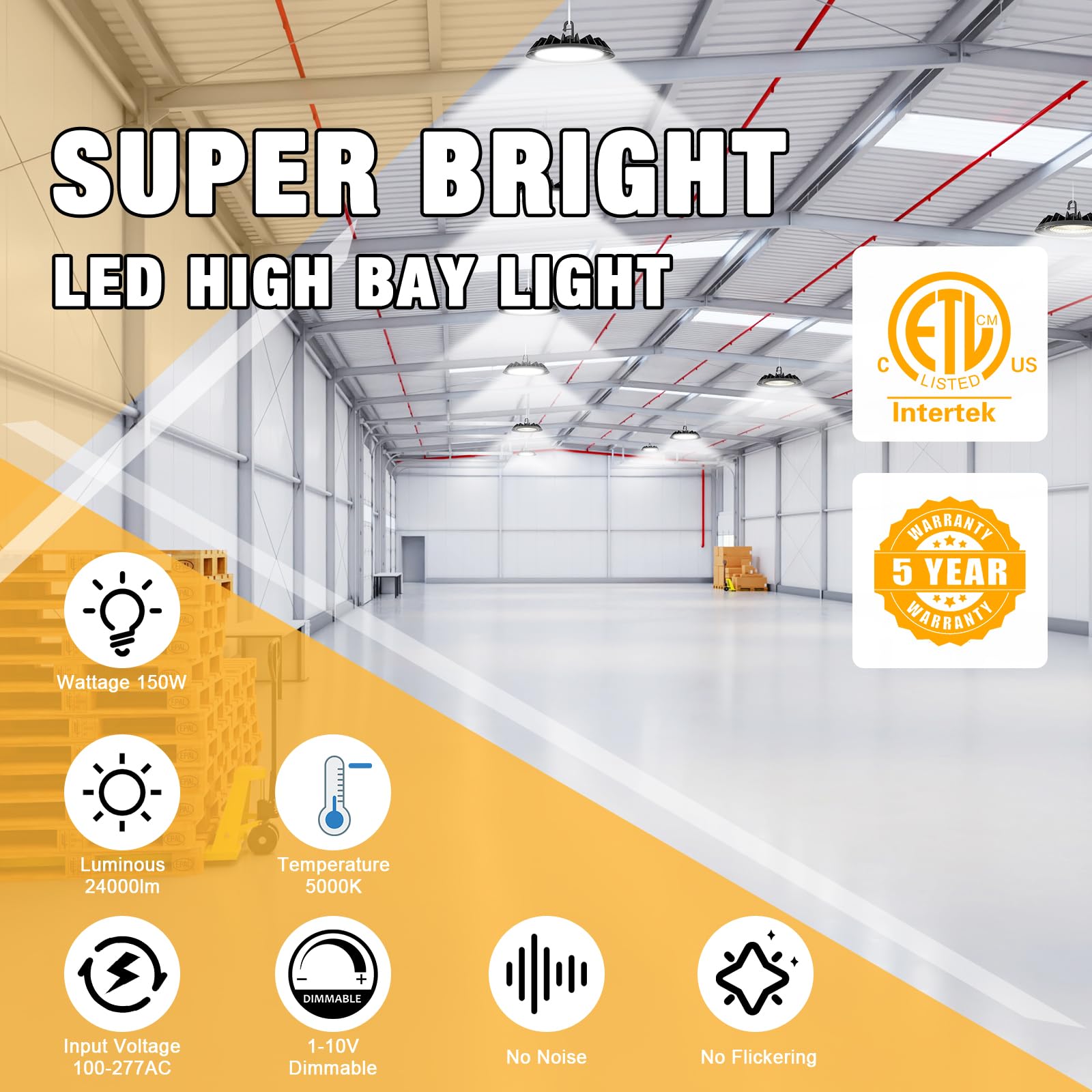 Jc-Lgl Ufo Led High Bay Light 150W, High Bay Led Lights 24,000Lm (160Lm/W) 1-10V Dimmable, 5' Cable With Plug, Hanging Hook, Safe Rope, Etl Listed High Bay Light For Factory Barn Warehouse, 4 Pack