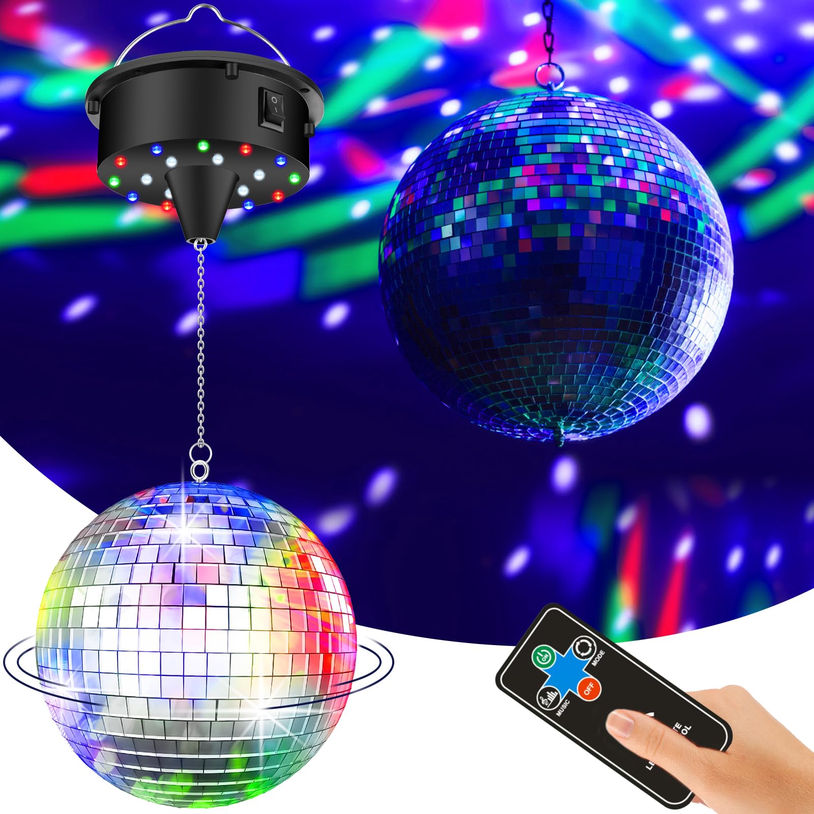 10Rpm Disco Ball With Motor And 6Inch Mirror Ball - Plug/Battery Operated Disco Motor With 18 Led Beads 4 Color Lights And Remot