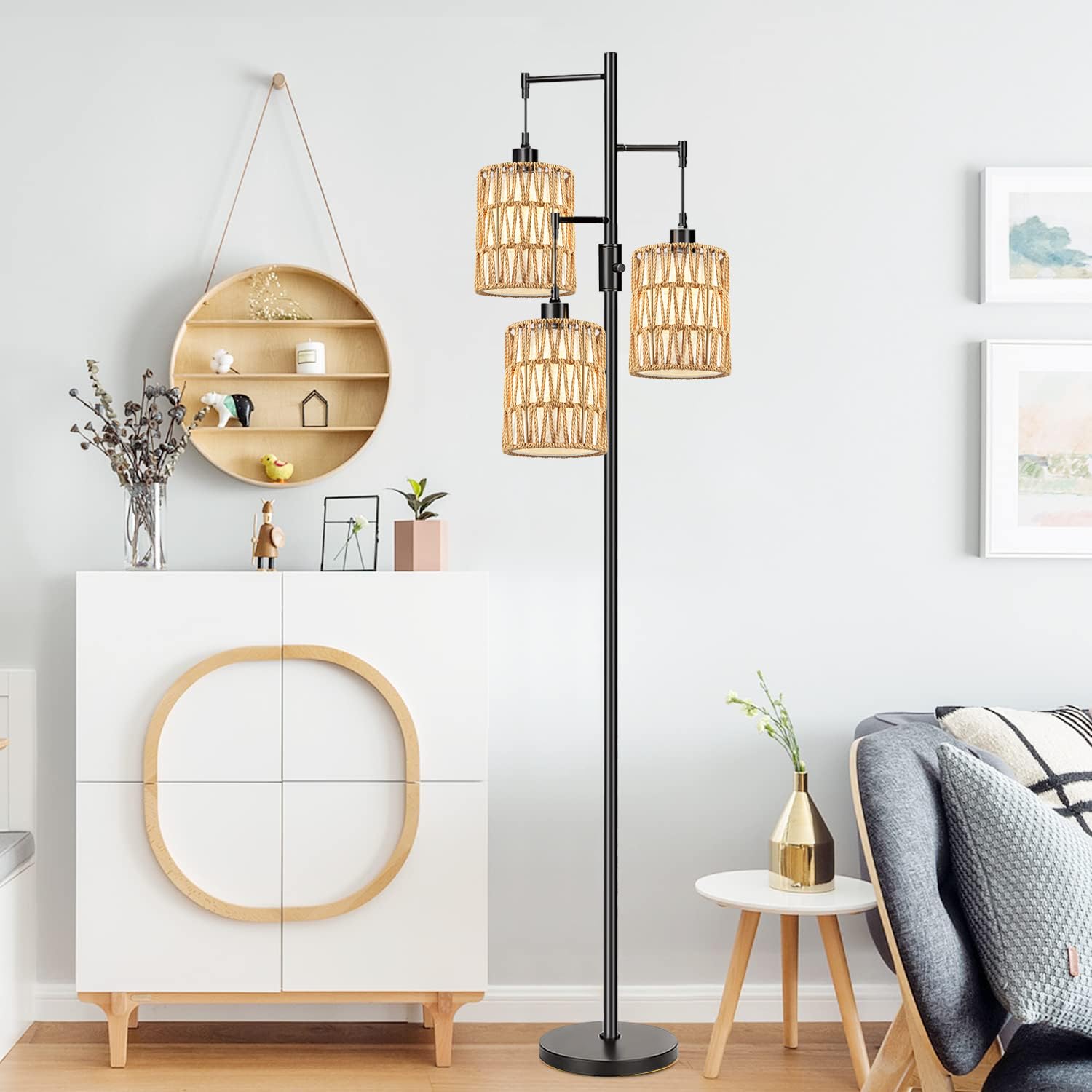 ZECOXOL Boho Floor Lamp - 3 Light Dimmable, Metal, 6.5 Inch, Black, Model 0-01, Rustic Tall Standing Lamp for Living Room, Bedroom
