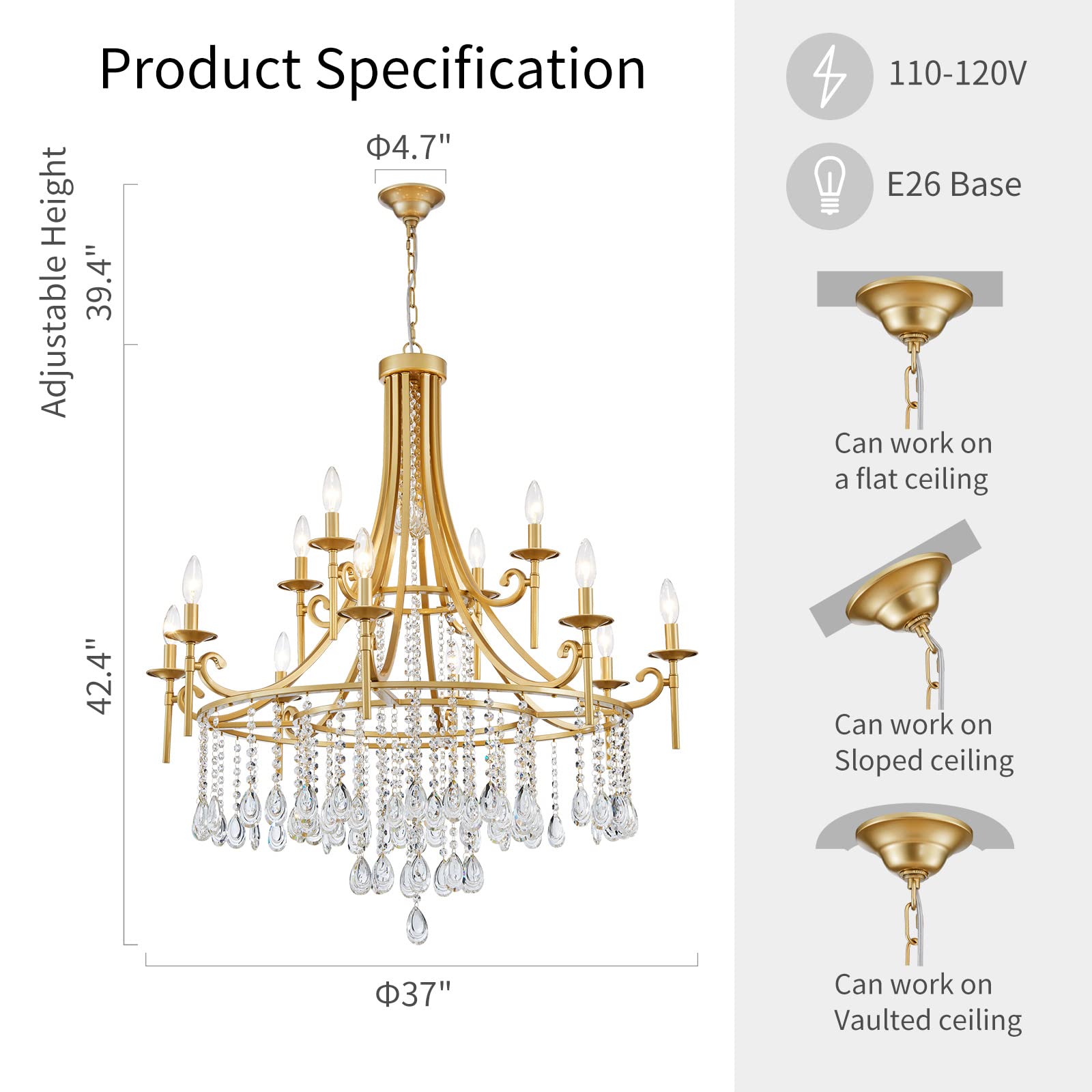 WUZUPS 12-Light Candle Chandelier Pendant Ceiling Light, Modern Gold Wagon Wheel Fixture for Bedroom, Kitchen, Living Room