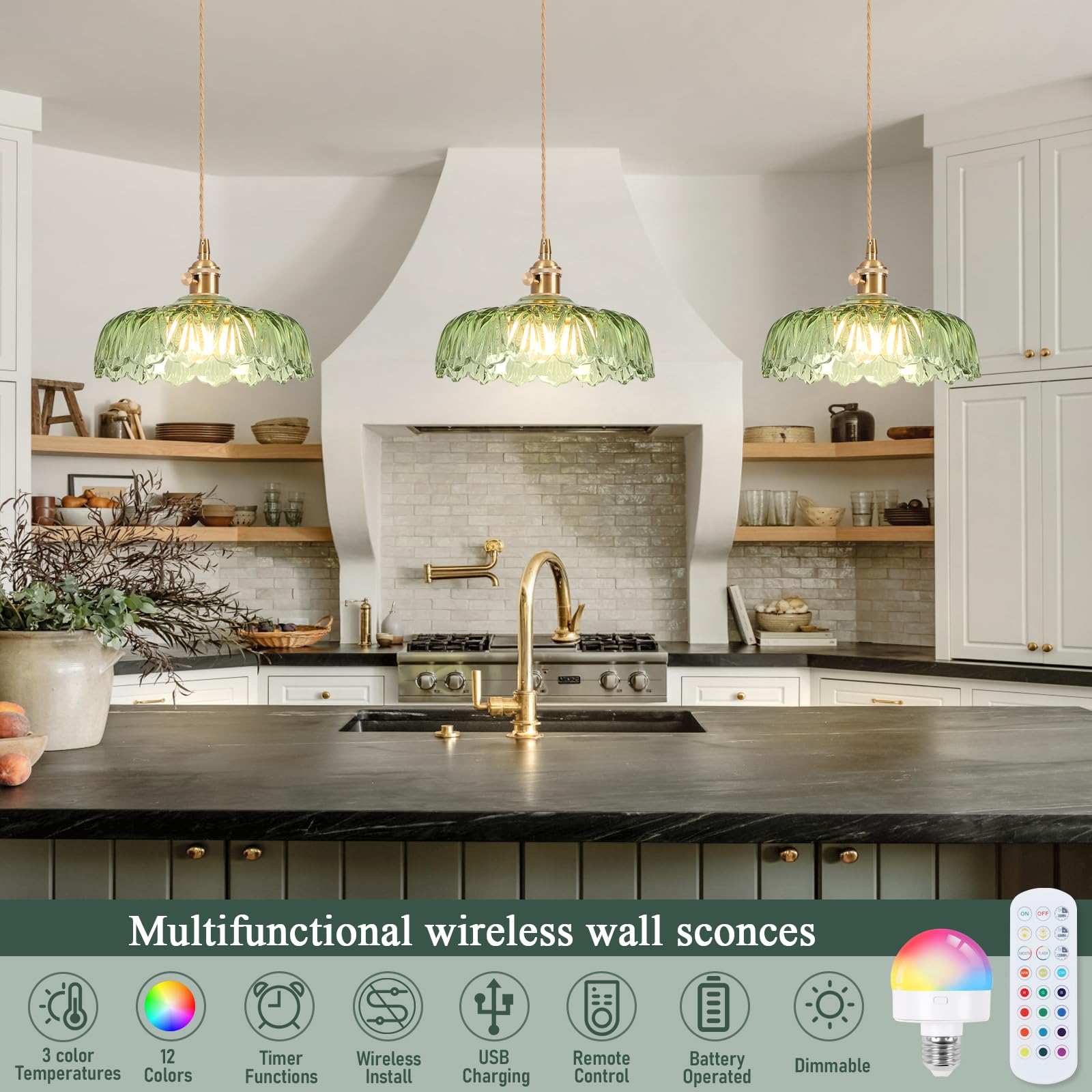 Loiogohot Battery Operated Pendant Light, Vintage RGB Chandelier 9.4in, Glass, Scindapsus Green, Model PL-BN1167-CD-GN