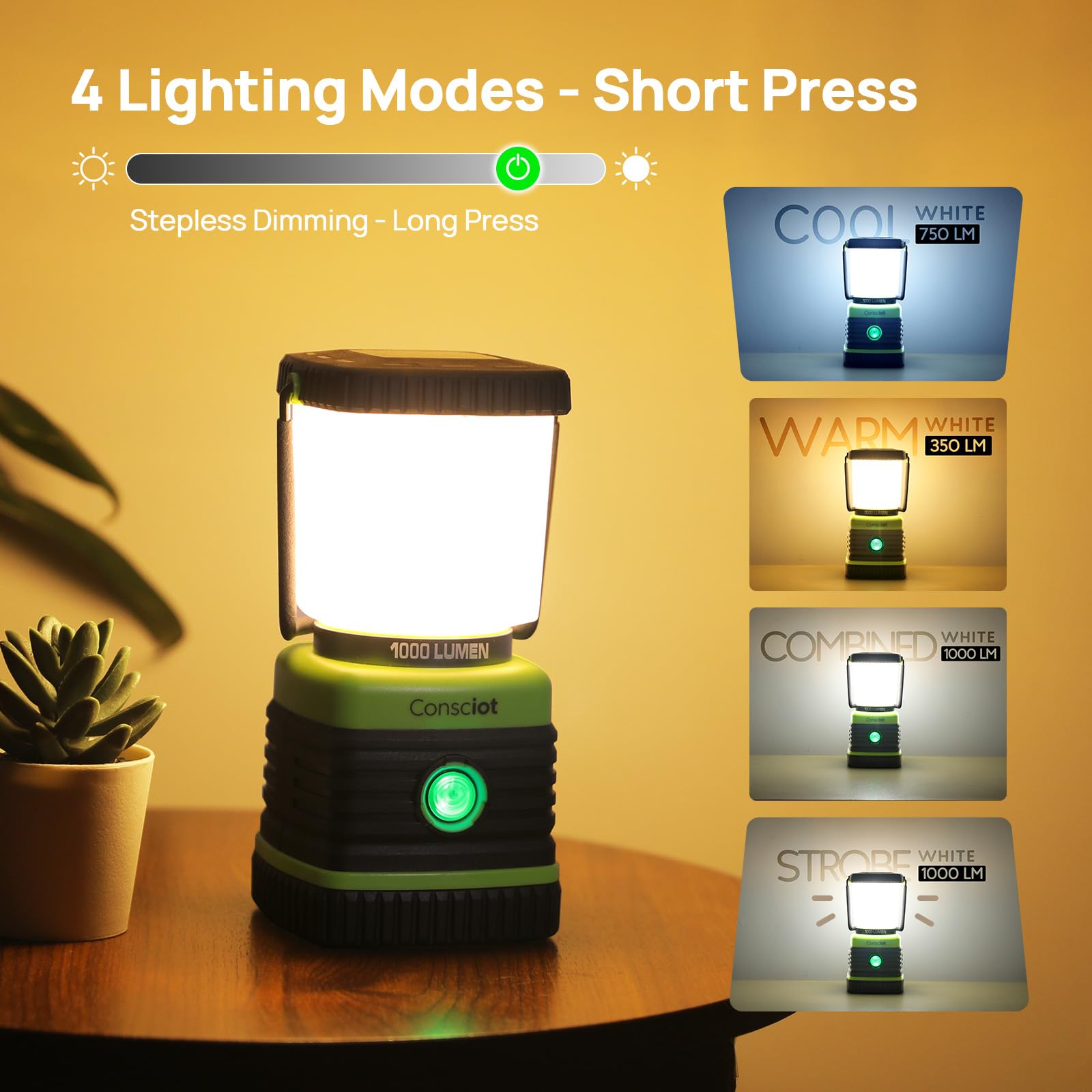 Consciot LED Camping Lantern - 1000LM, Rechargeable, IPX4 Waterproof, 4 Light Modes, Light Green, Model AOL002-US-V1