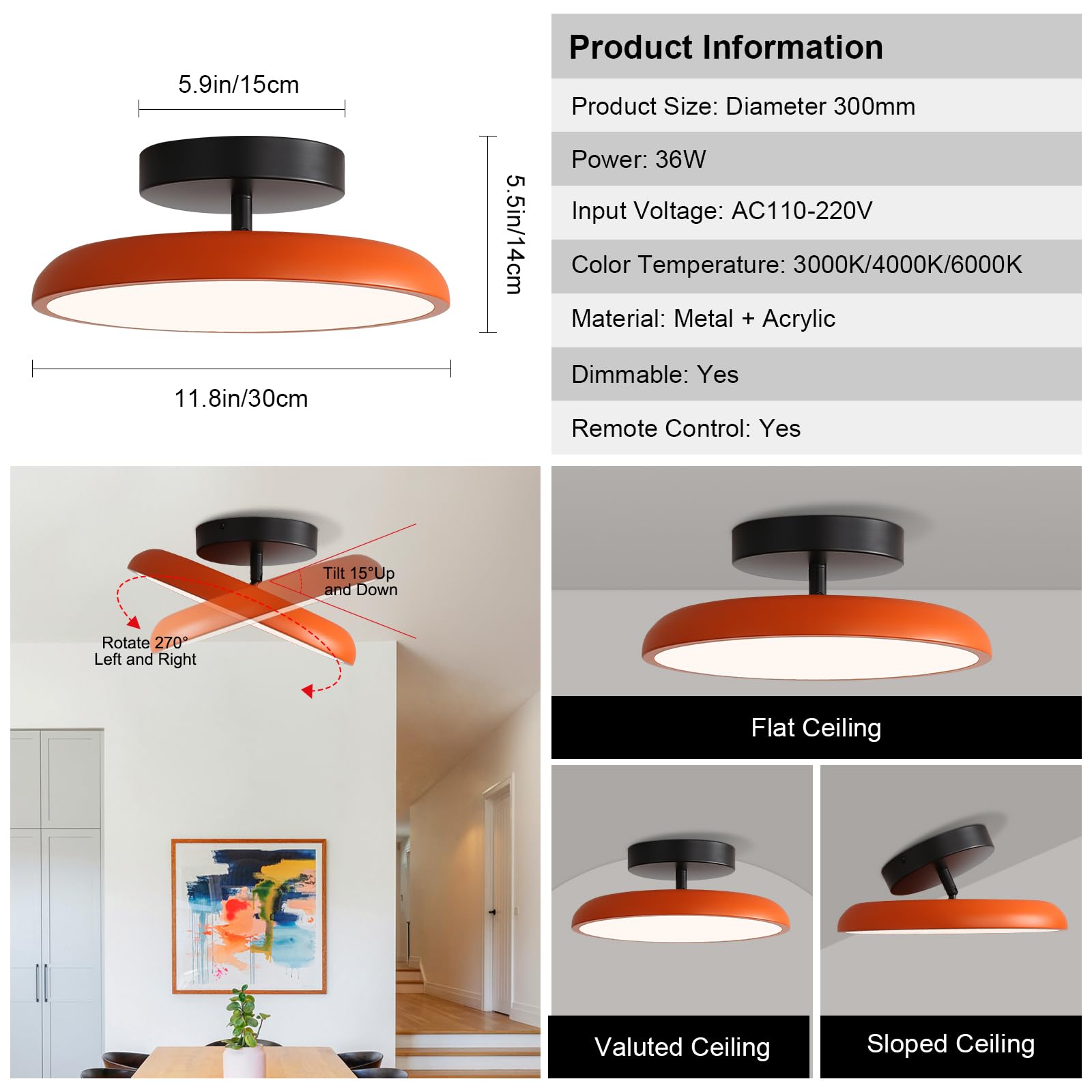 Maayhow Ceiling Light Semi Flush Mount, Vintage Orange Ceiling Light Fixtures, Remote Control 3CCT Dimmable, 15.7 Inch Mid Centu