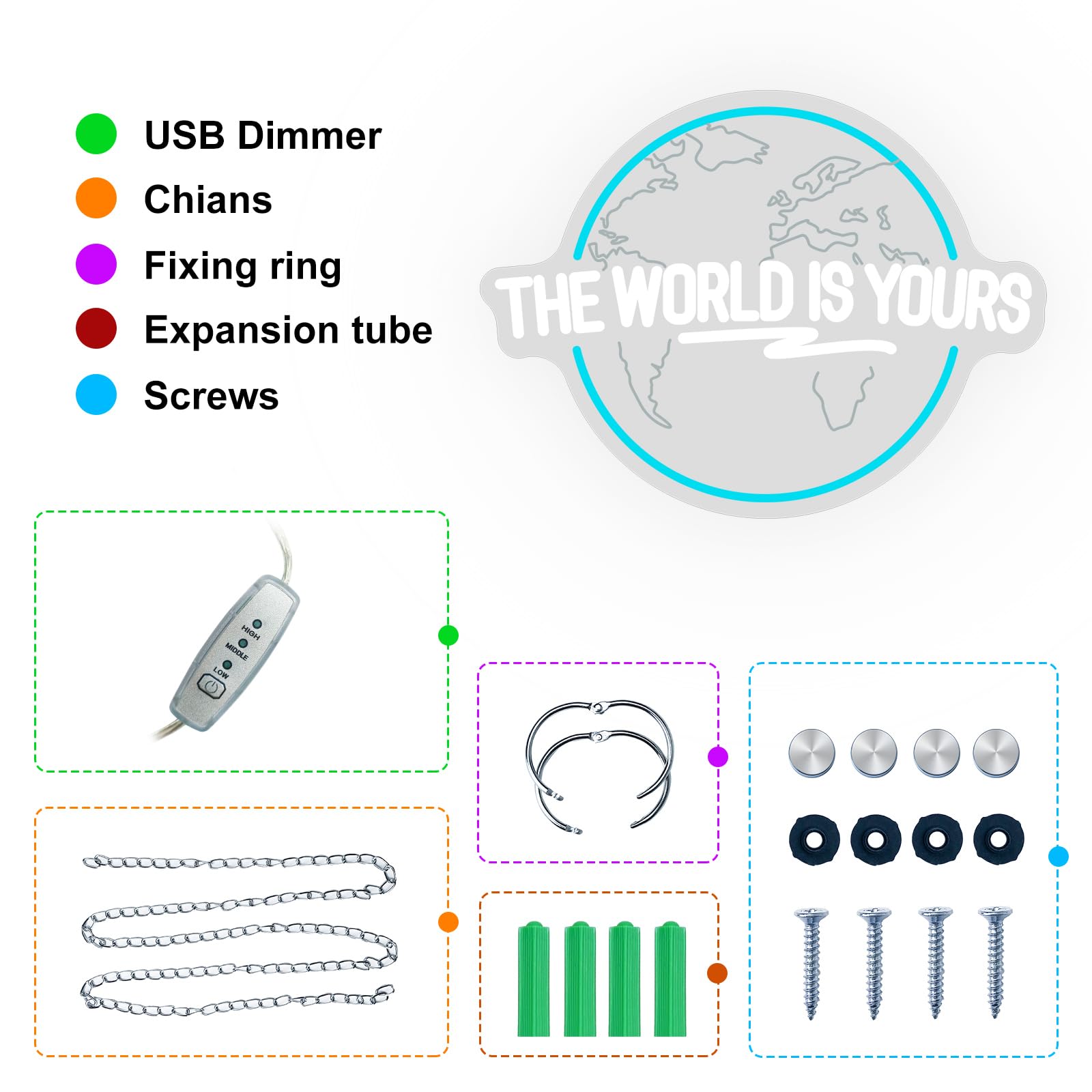 Brochao Neon Sign - The World Is Yours LED Wall Decor, Ice Blue & Cold White, 16.1" x 12.2", Acrylic, Model BRO14-TWIY01-X