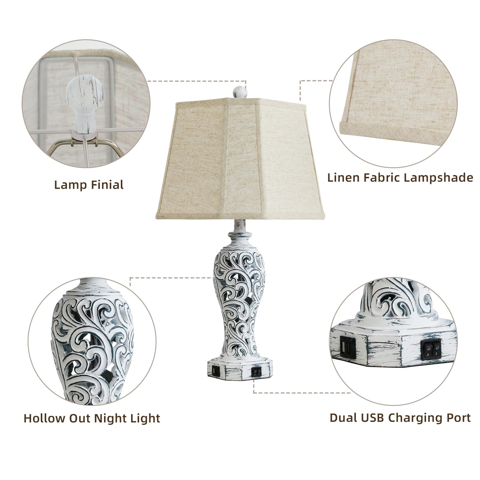 25'' Farmhouse Table Lamps Set Of 2 For Living Room Bedroom, 2 Usb Ports Rustic Vintage Nightstand Table Lamp With Nightlight, H