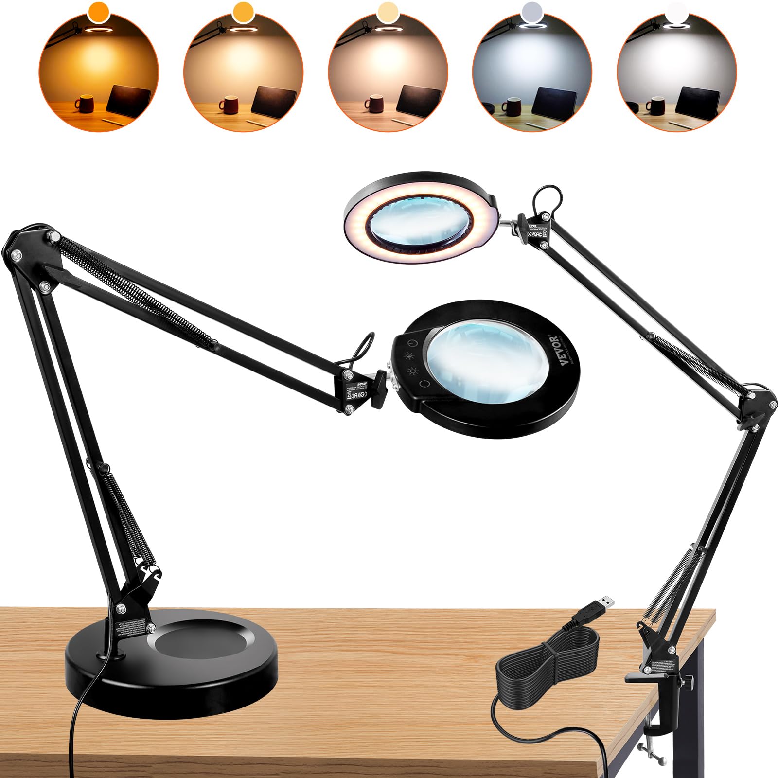 VEVOR 5X Magnifying Glass with Light and Stand, ?Upgraded? 5 Color Modes Stepless Dimmable, 4.3'' Glass Lens Magnifier Desk lamp