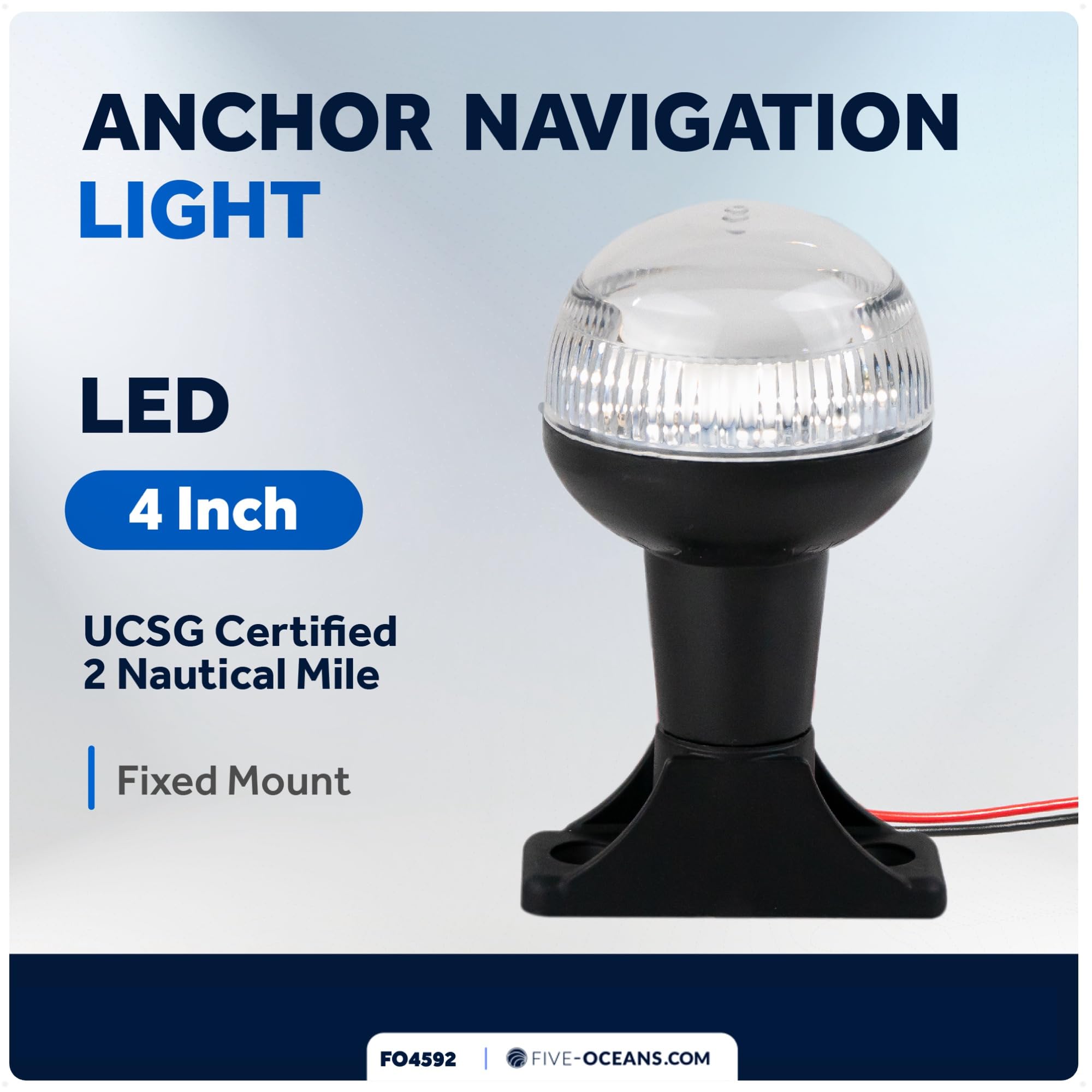 Five Oceans Boat Anchor Light, 12V DC, USCG 2NM Certified, 4-Inch LED, ABS Plastic Base, Fixed Mount, for Pontoon & Fishing Boats