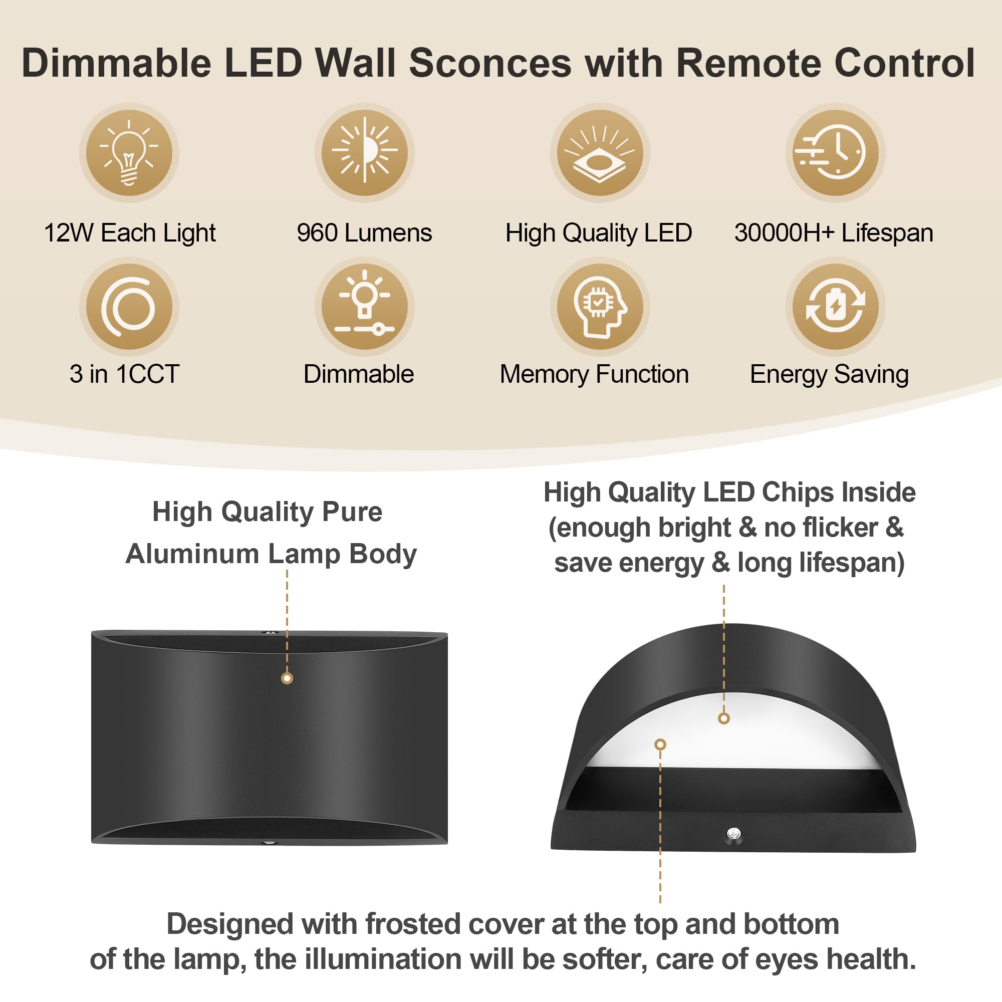TRLIFE Modern LED Wall Sconces, Dimmable 3000K-6000K, Aluminum, 12W, 2 Pack, Black with Remote