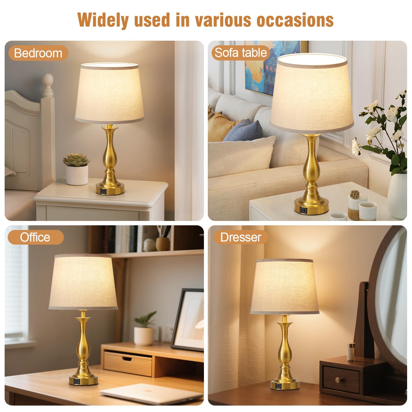 Lauag Bedside Table Lamp Set of 2 - Touch Control, 3-Way Dimmable, USB-C & USB-A, Gold, Standard Size, Metal