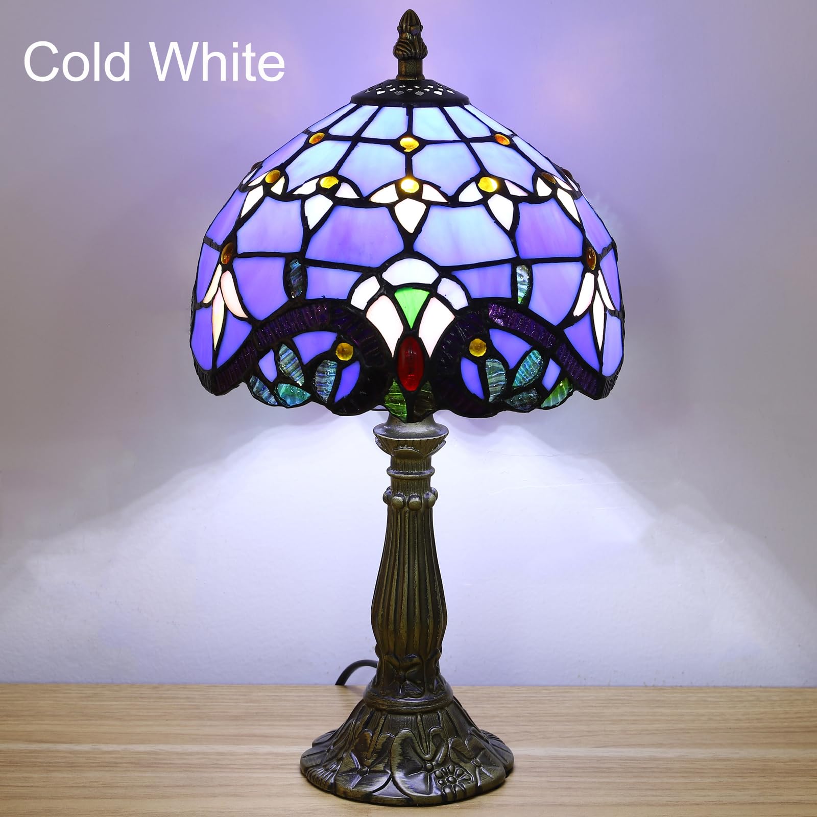 tuomoxte Tiffany Style Table Lamp, Blue Stained Glass, 8 Inch Antique Design for Bedroom, Living Room, Home Office, Includes LED Bulb