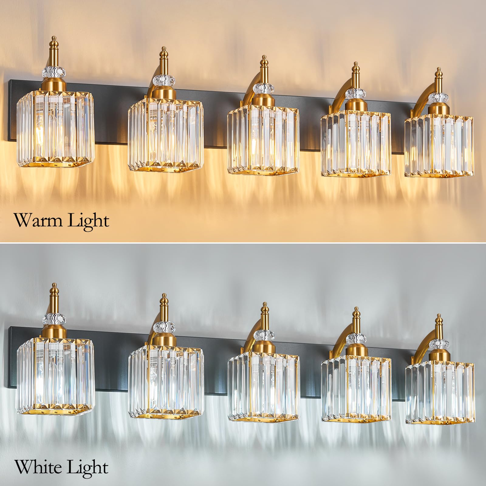 BBLLWJ Crystal Vanity Light Fixture - 5-Light Modern Bathroom Lighting Over Mirror - Black Gold - Model 655