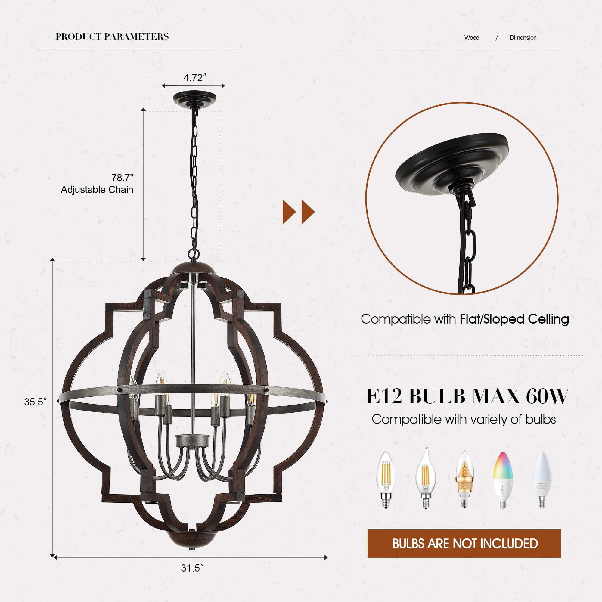 TACDANDM 31.5'' 8-Light Rustic Farmhouse Chandelier, Oak Brown Wood & Metal Pendant Light for Dining Room & Hallway, Model DG-011-8