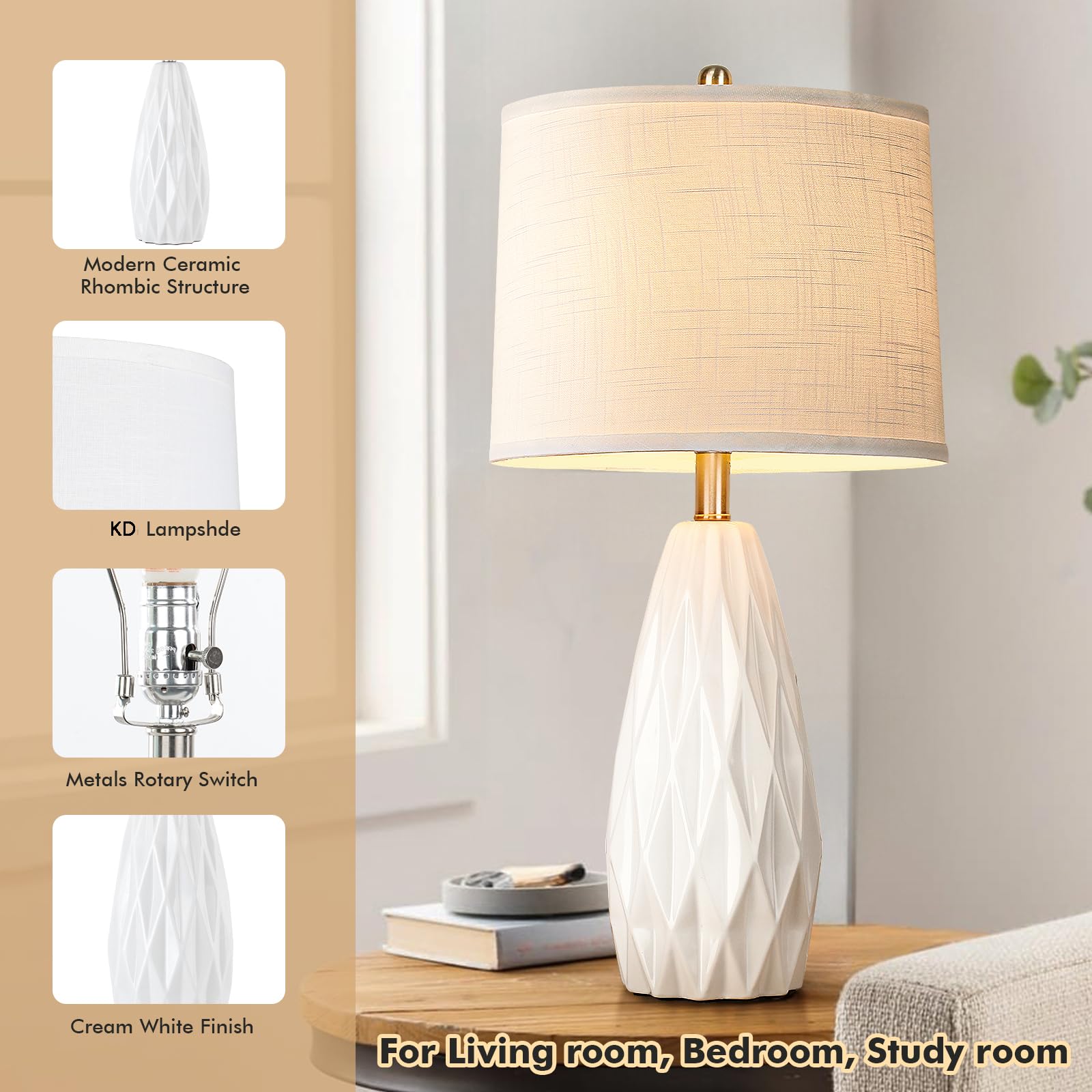 Kunruitai 25'' Geometric Lamp White Cream Table Lamps Modern Ceramic Lamp For Night Stand - 3-Way Dimmable Bedside Lamps For Nig