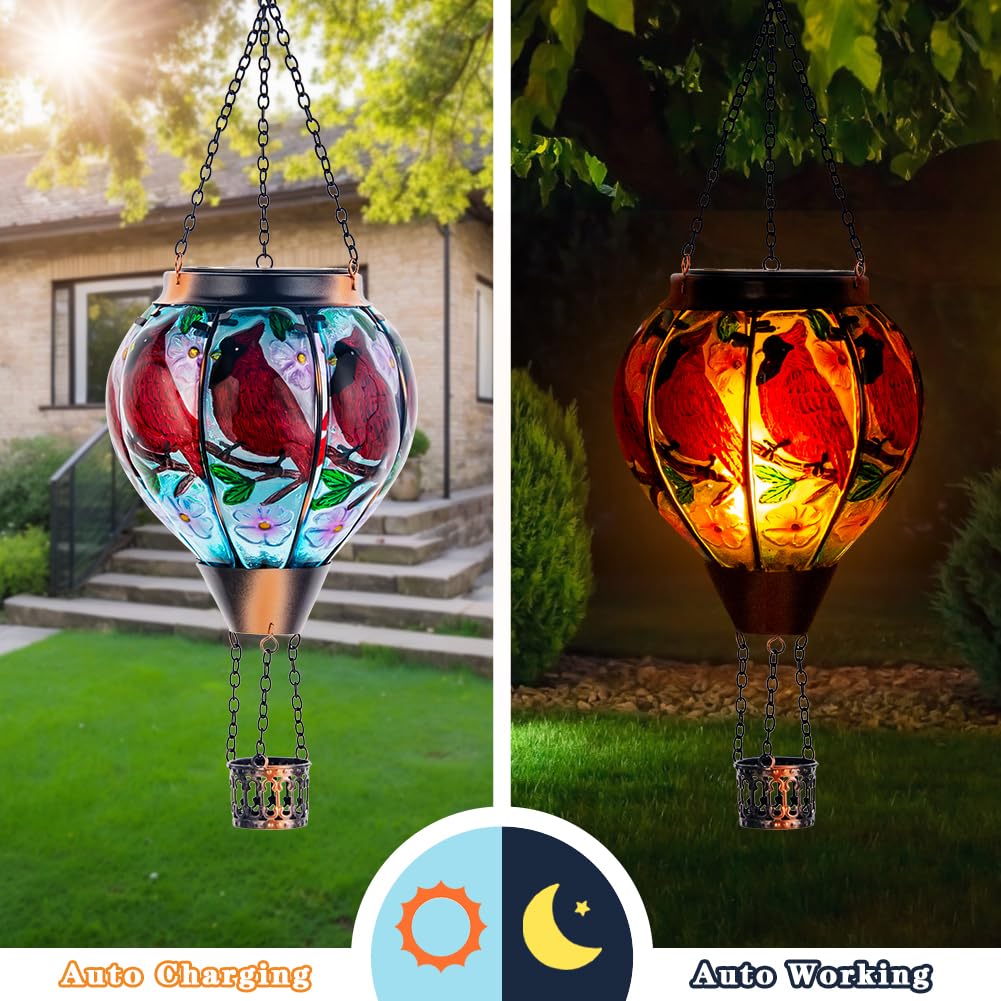 DREAMSOUL Butterfly Mosaic Hot Air Balloon Solar Lantern Hanging Glass Decorative LED Light Solar Lanterns Outdoor Waterproof