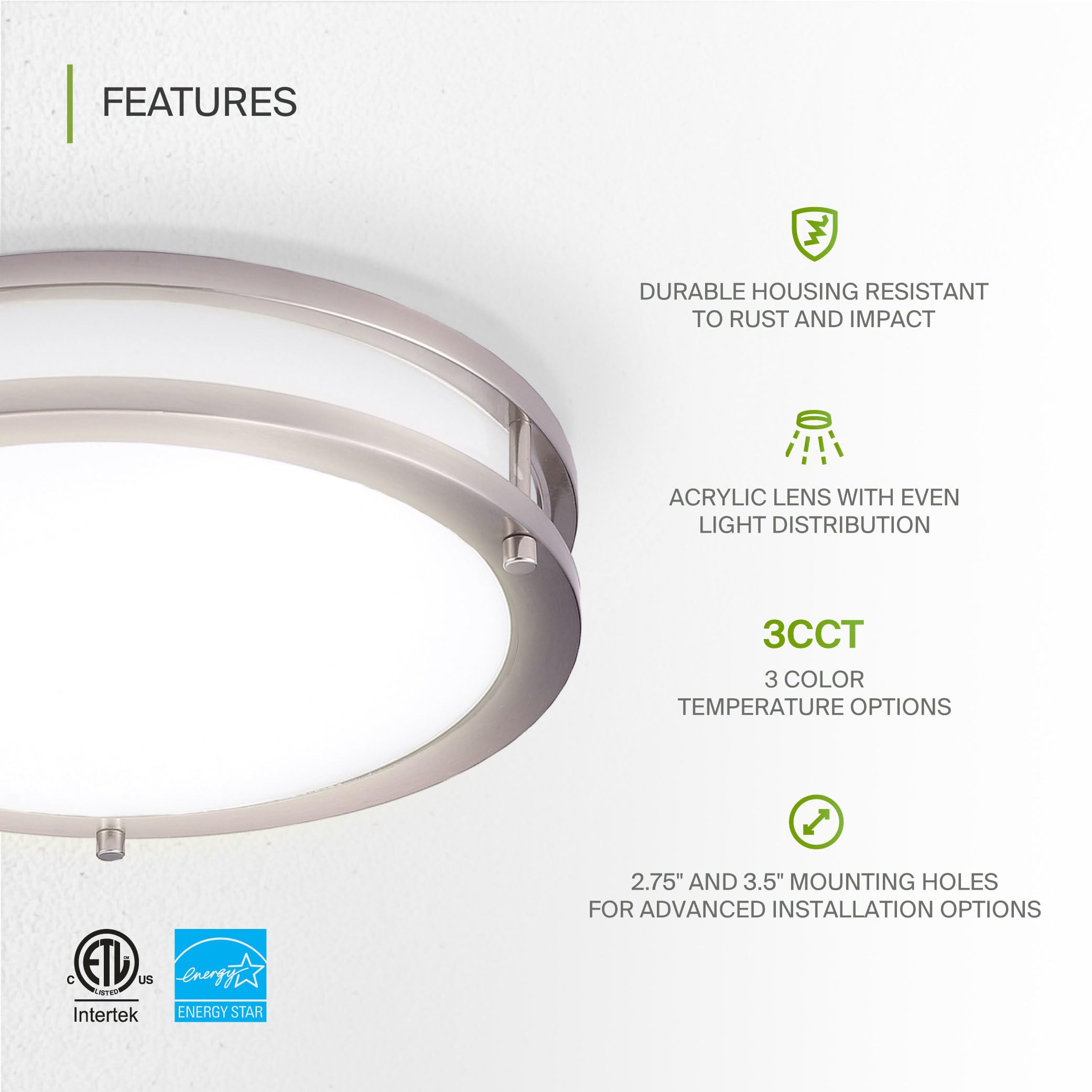 ASD LED Flush Mount Light Fixture, 16W 1050LM, Dimmable, 10 Inch, Brushed Nickel, Model A-LFMDR-10D16CCNK
