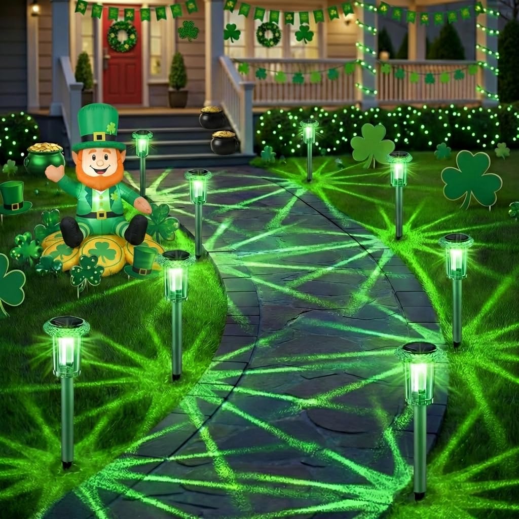 Eyrosa Solar Outdoor Lights  St Patricks Day 10 Pack Solar Pathway Lights Outdoor Waterproof  Stainless Steel Stake Lighting for Garden Yard Path Walkway Driveway Patio Lawn Outside D?cor Green