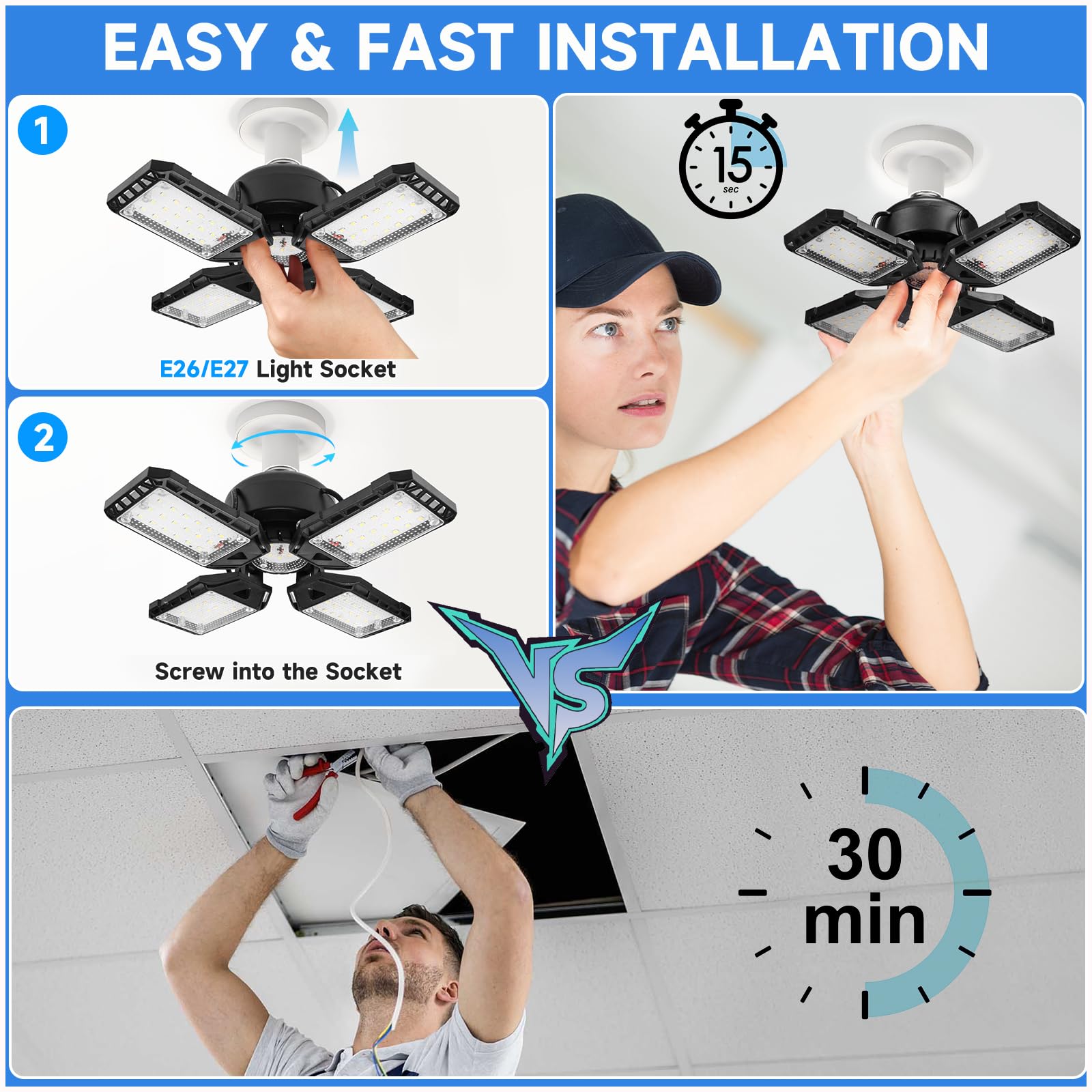 Aoretic Led Garage Lights Bulb 2 Pack - 120W, 12000Lm 6500K Led Shop Light With 4+1 Deformable Panels, Basement Barn Light, E26/