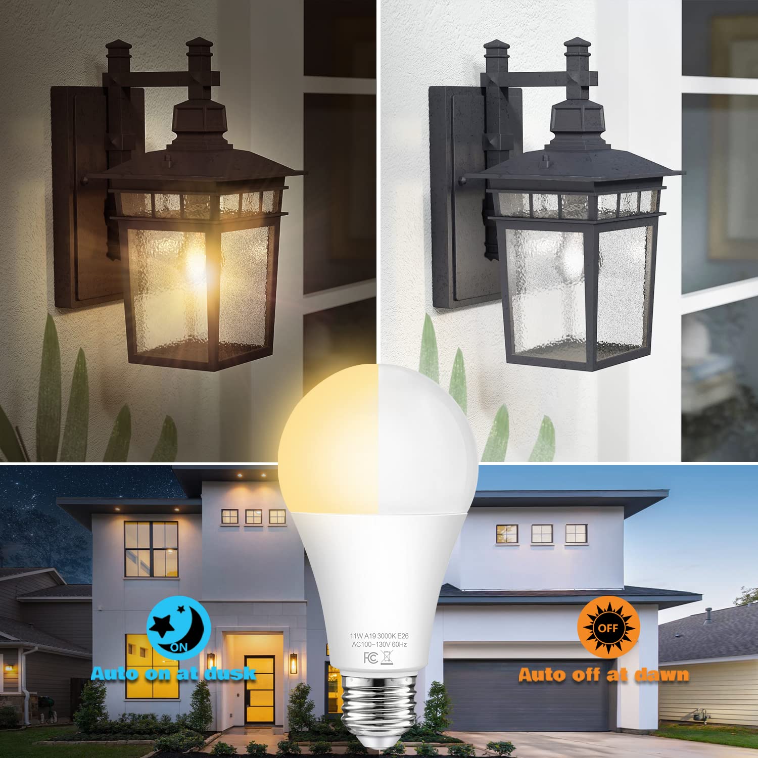A19 Dusk To Dawn Sensor Light Bulbs Outdoor 100 Watt Equivalent, 11W Automatic On/Off Led Bulbs Warm White 3000K, 4-Pack 1200Lum