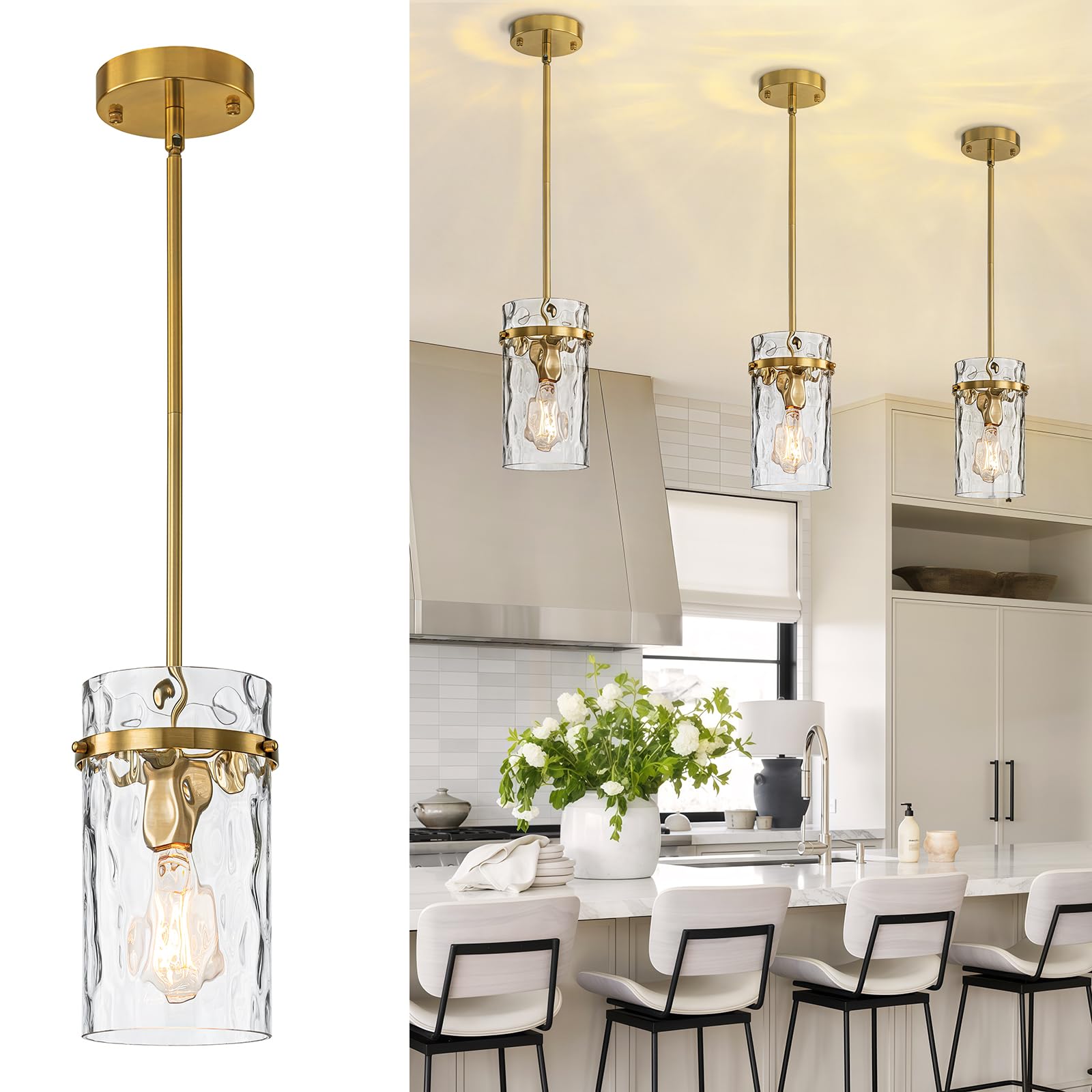JIMKIGTO Brass Hammered Glass Pendant Light, 5.5 Brushed Gold Island Pendant Lights Vintage Kitchen Island Light Gold Pendant Li
