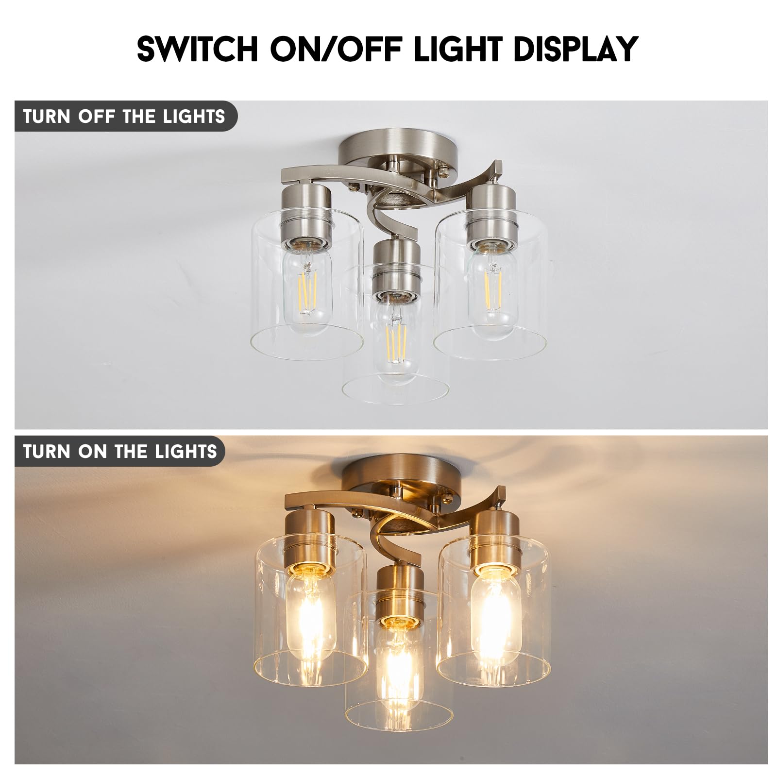 Eatich Semi Flush Mount Ceiling Light, 3 Light Ceiling Light Fixture, Brushed Nickel Kitchen Light Fixtures With Clear Glass Shades, Modern Hallway Light Fixtures Ceiling Mount For Foyer Entryway
