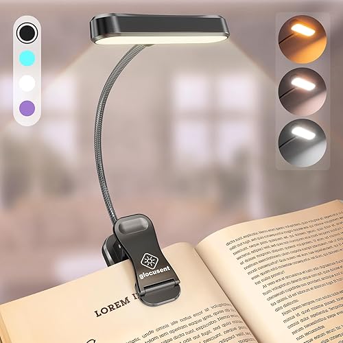 Glocusent Horizontal ET-Head Book Light, Rechargeable, CRI 95, 3 Colors, 5 Brightness Levels, Lightweight, Black, Model A18