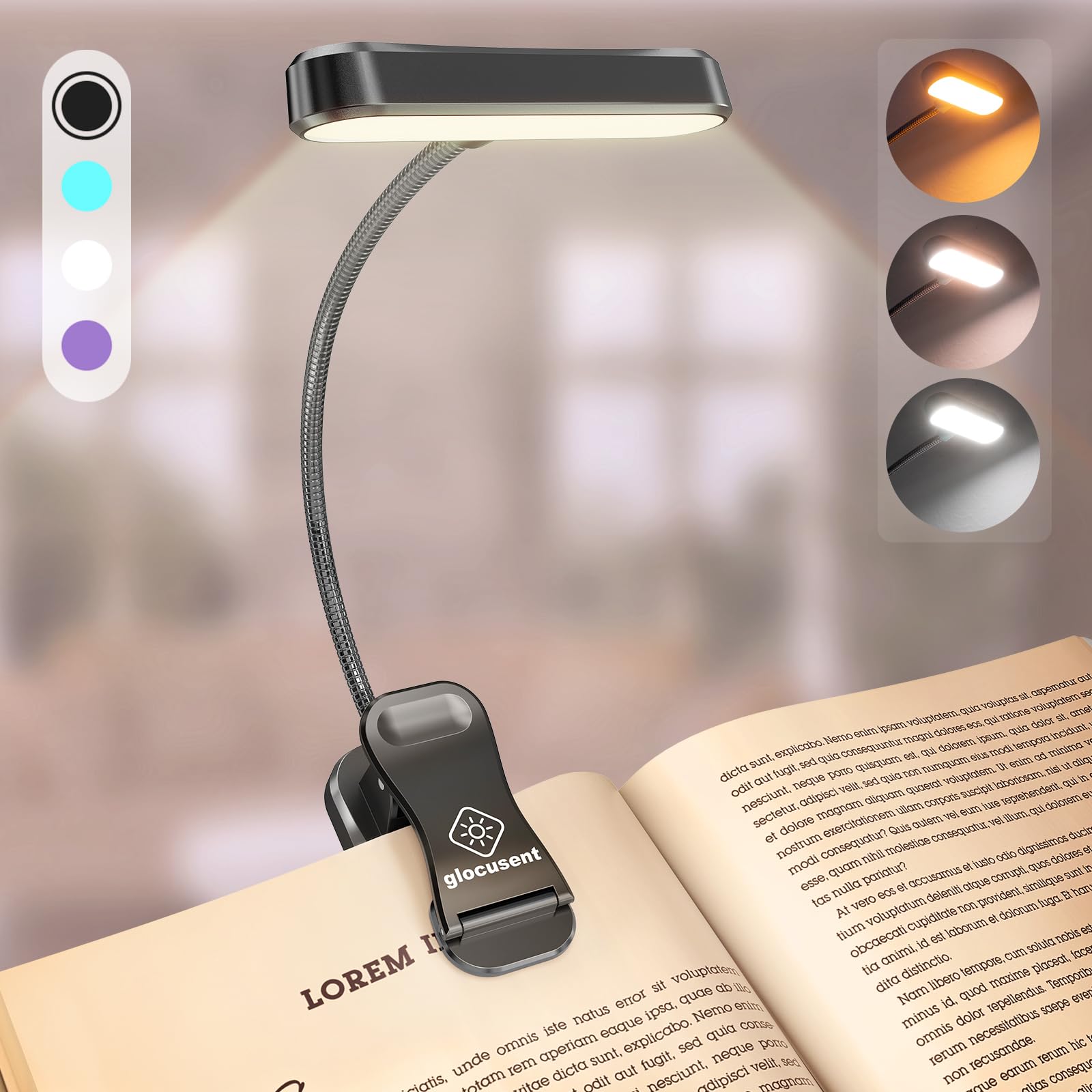Glocusent Horizontal ET-Head Book Light, Rechargeable, CRI 95, 3 Colors, 5 Brightness Levels, Lightweight, Black, Model A18