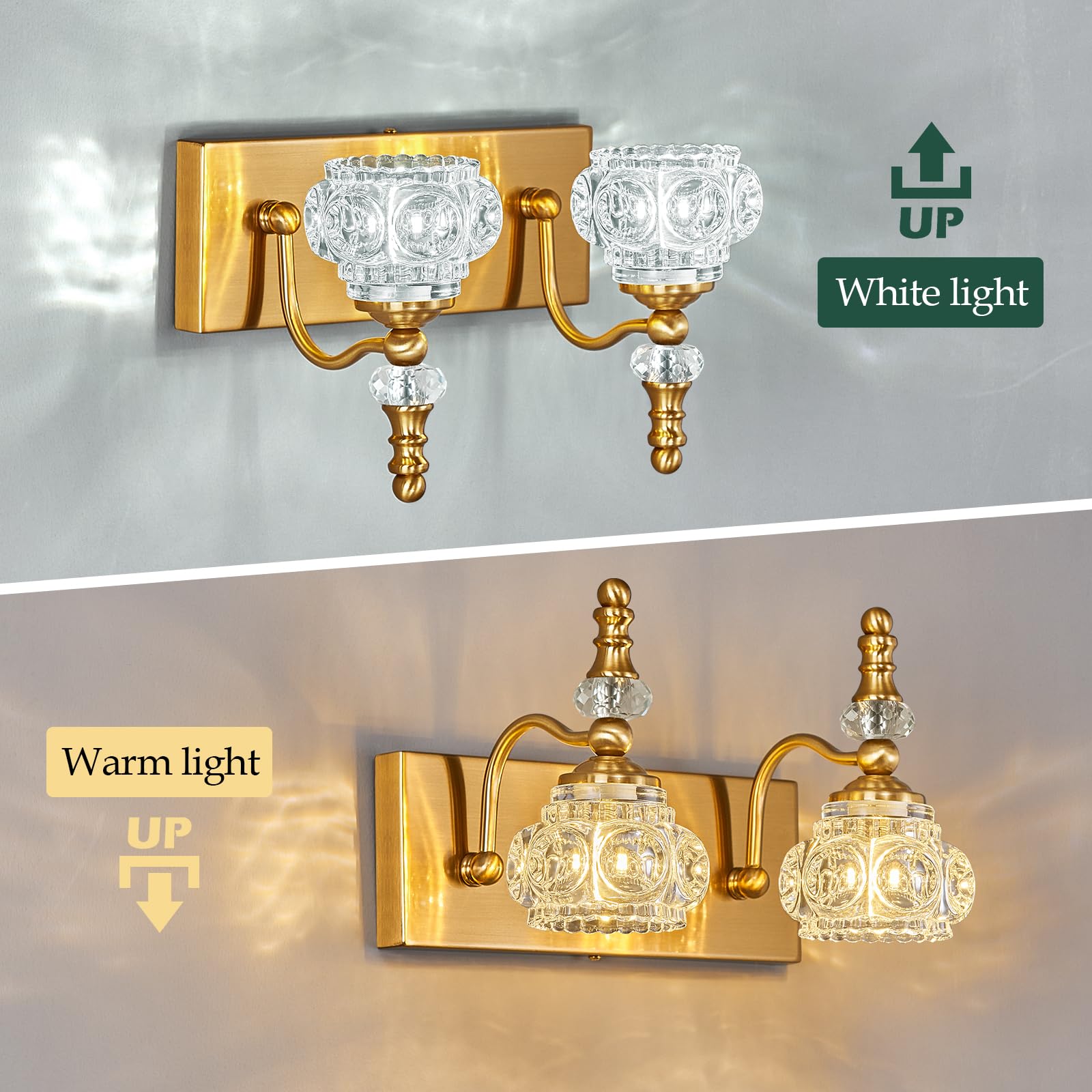 Lbsqj Modern Glass Crystal Vanity Light - Vintage Bathroom Lighting Fixtures Over Mirror  2 Light Vanity Lights G9 Bulb (11.81 Inch  Gold)