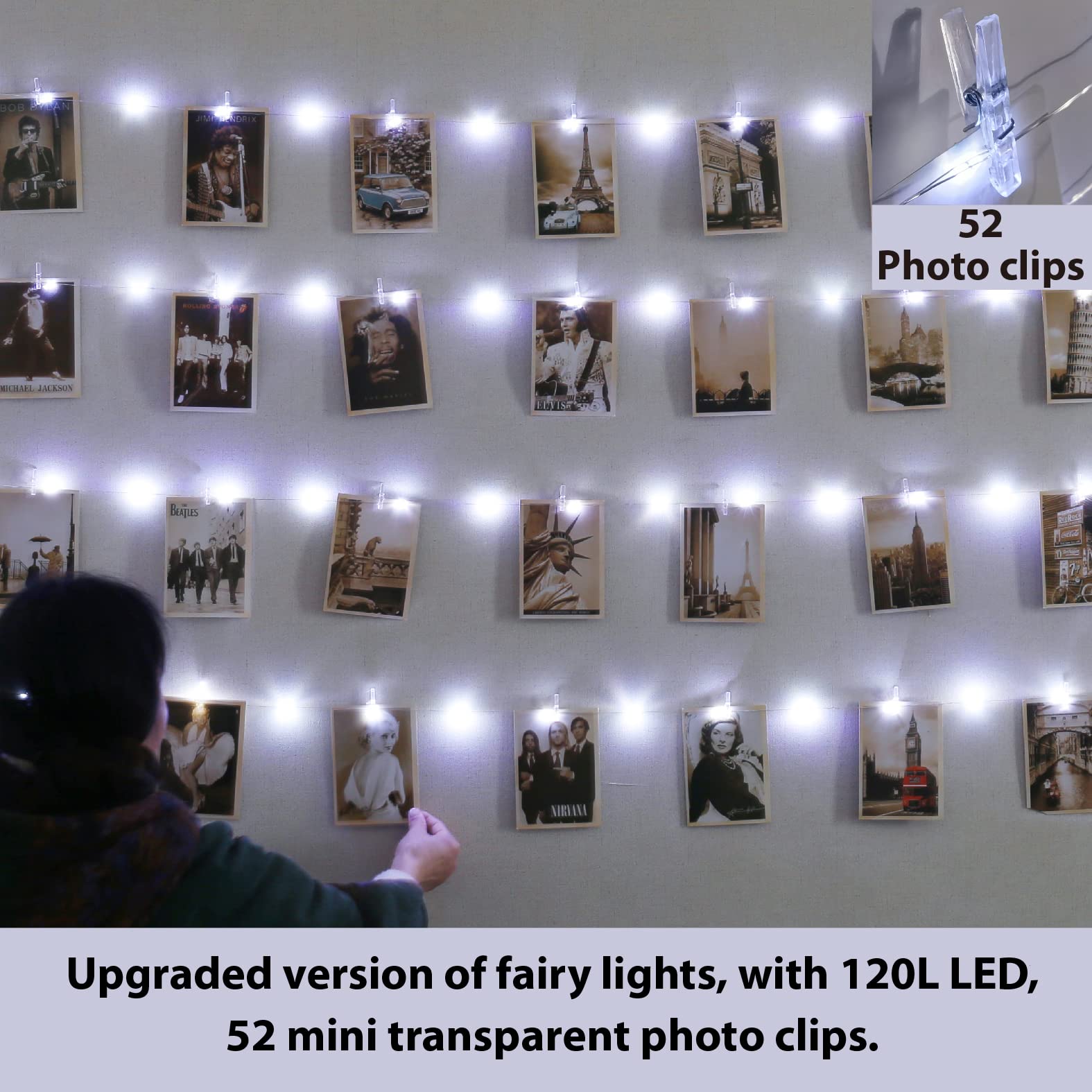 HXWEIYE Copper Wire String Light, 120LEDs, 40Ft, USB Powered, 8 Modes, White, with 52 Clips & 12 Hooks for Photos, Bedroom, Wedding