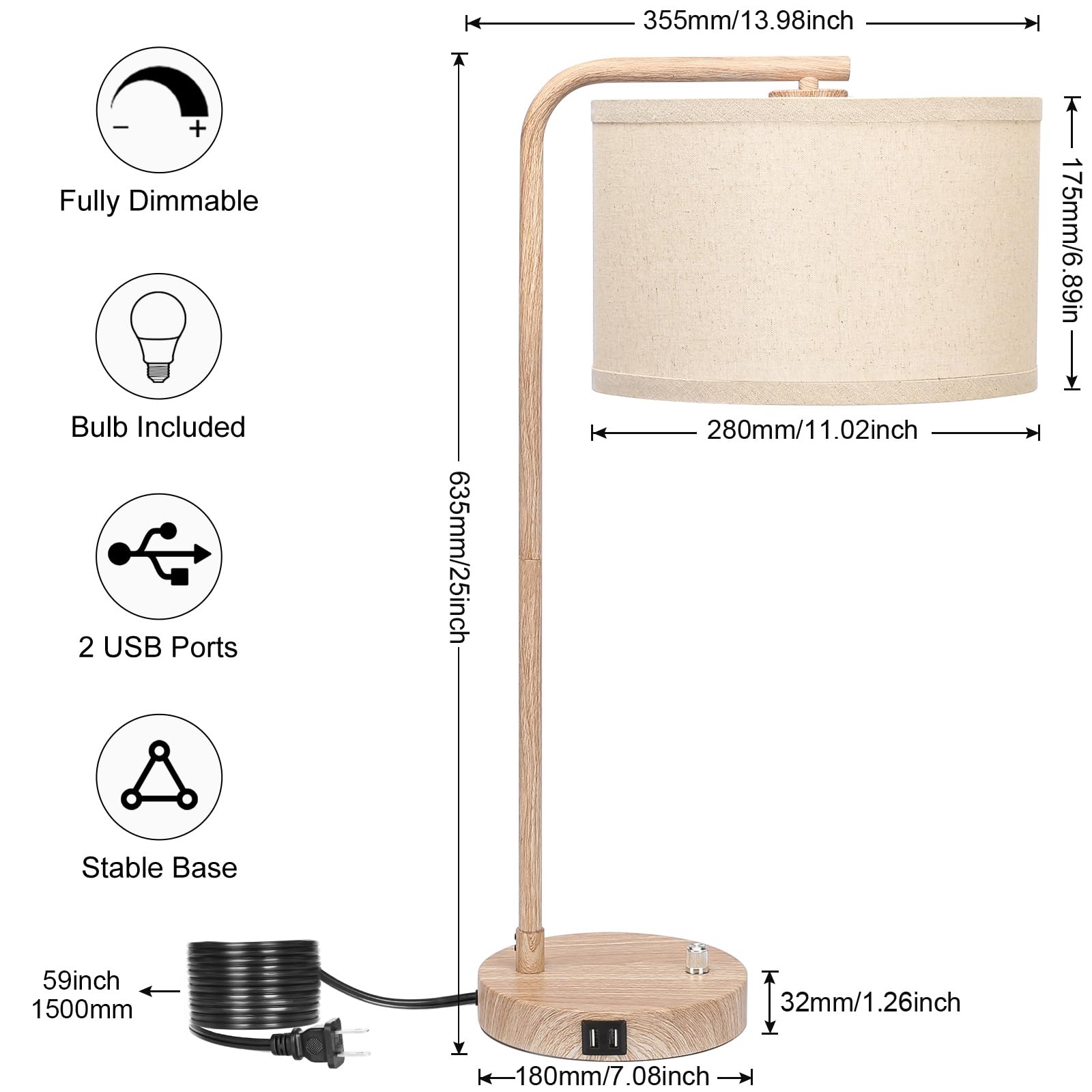 Farmhouse Table Lamp, Fully Dimmable Bedisde Lamp With Dual Usb Charging Ports, Modern Nightstand Lamp, Tall Table Lamp Desk Rea