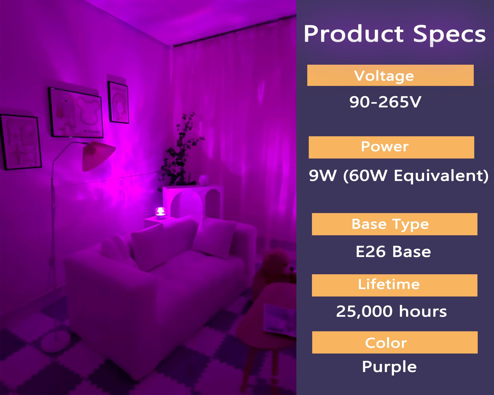 U4Glory 4 Pack Led Purple Light Bulbs - A19 9W(60W Equivalent) E26 Base Led Purple Light Bulb For Party Decoration, Porch, Hallo