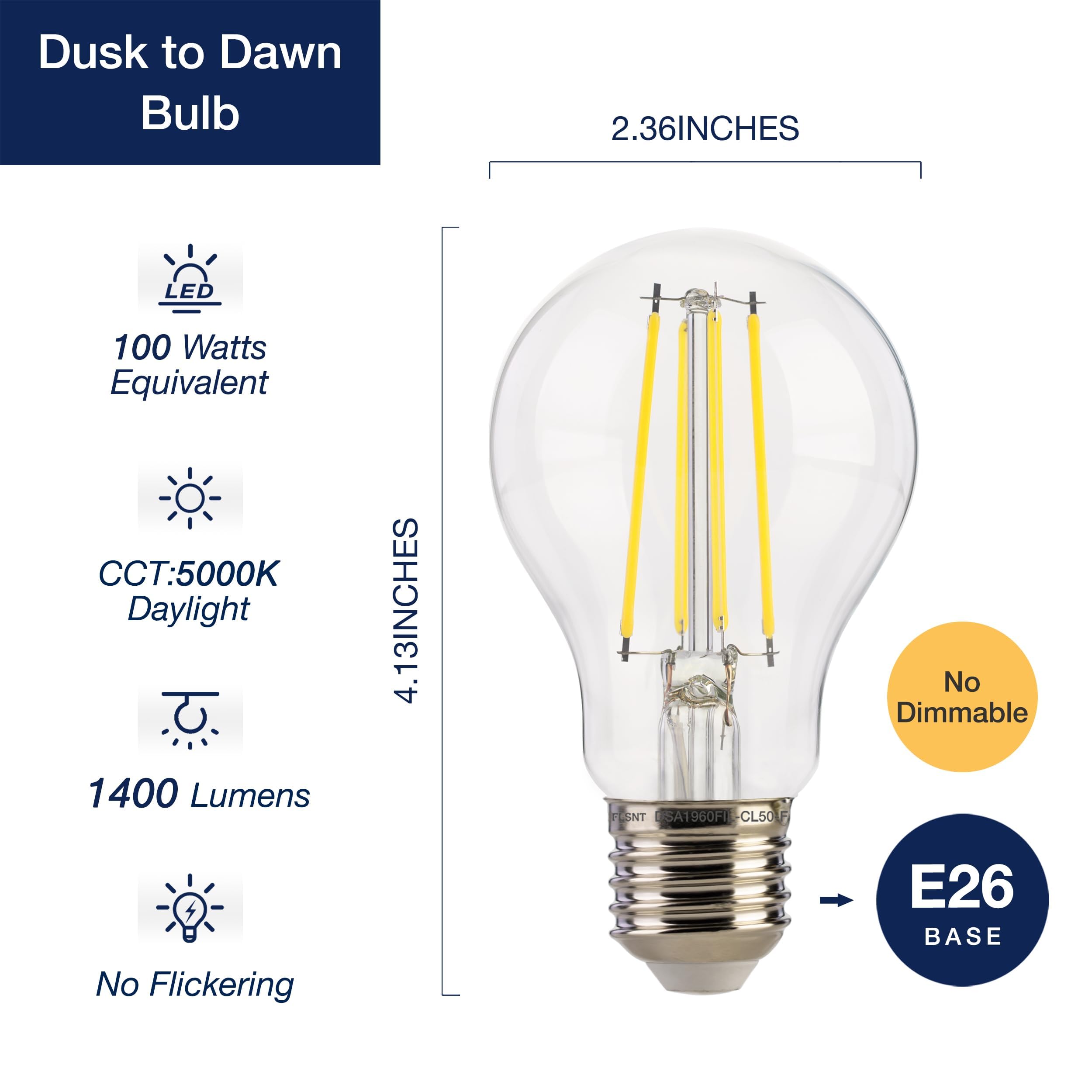 FLSNT A19 LED Light Bulb, 5000K Daylight, 8W (100W Equivalent), 1400LM, Vintage Filament, E26 Base, 2 Pack