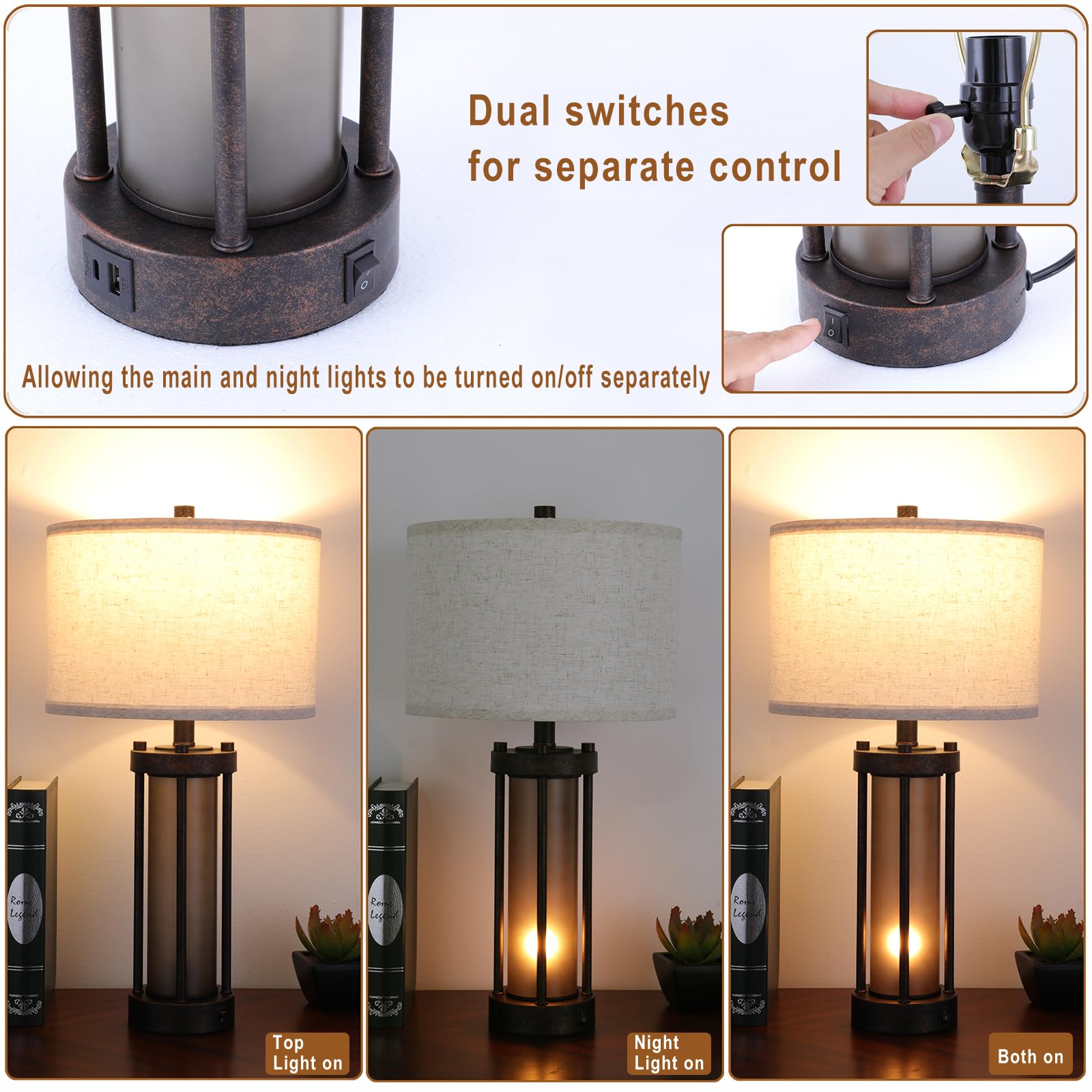 Farmhouse Table Lamps Set Of 2, Table Lamp For Living Room With 2 Usb Ports, Vintage Rustic Nightstand Lamps With Amber Glass Nightlight, Retro Desk Lamps For Bedroom Entryway, Included Bulbs.