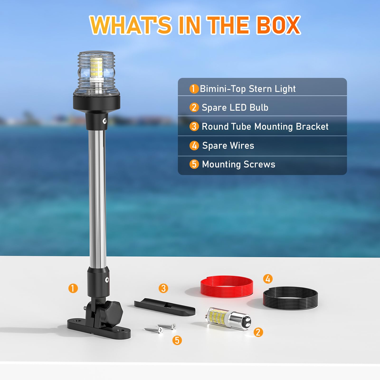 SCYONBARCO 9-Inch Bimini Top Stern Light, Waterproof IP67, 3 NM White Navigation Light for Boats, Model SCAL002, Daylight White