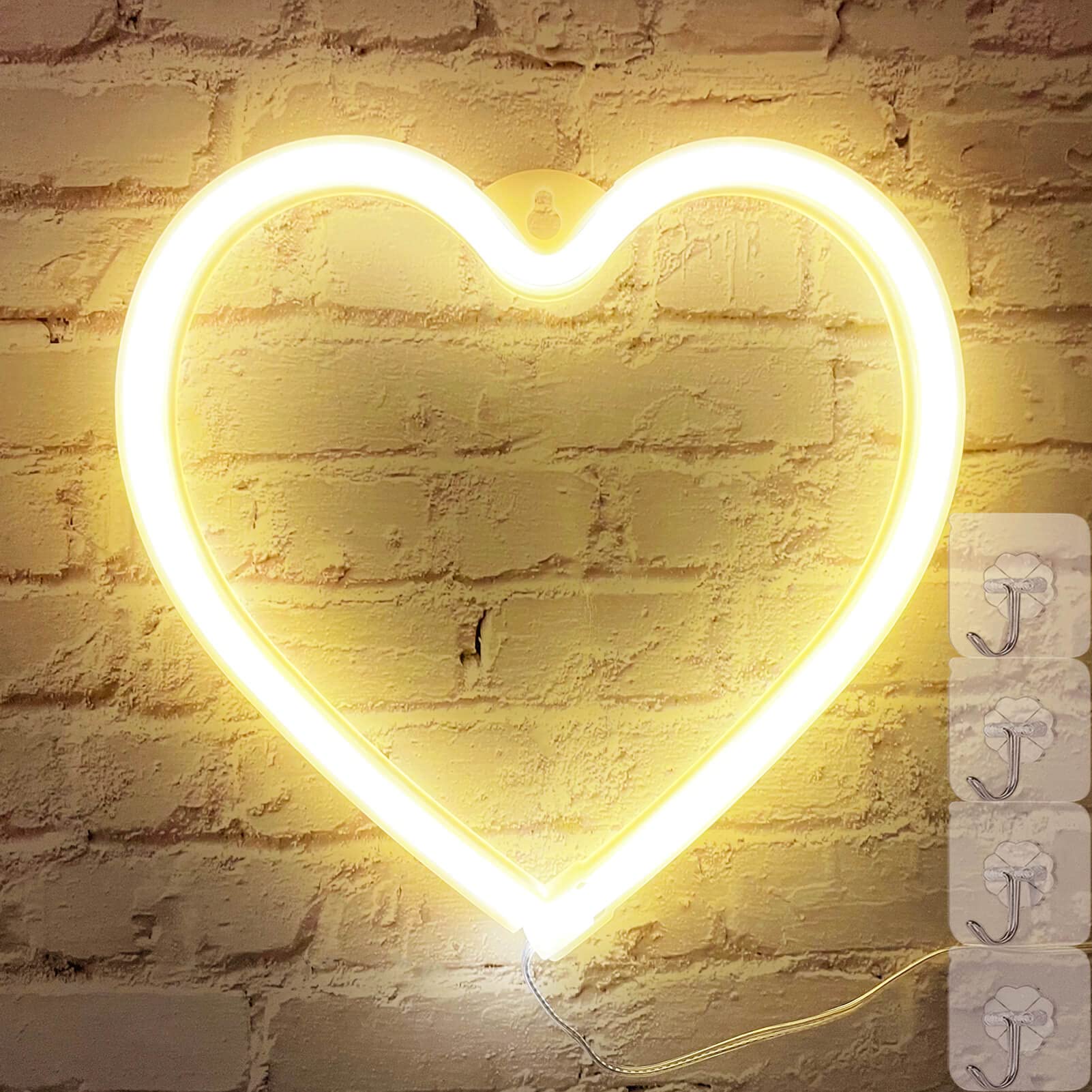 VIFULIN Neon Heart Sign - Warm White LED Heart Night Light Decor for Valentine's Day, USB/Battery Operated, Perfect for Window Display