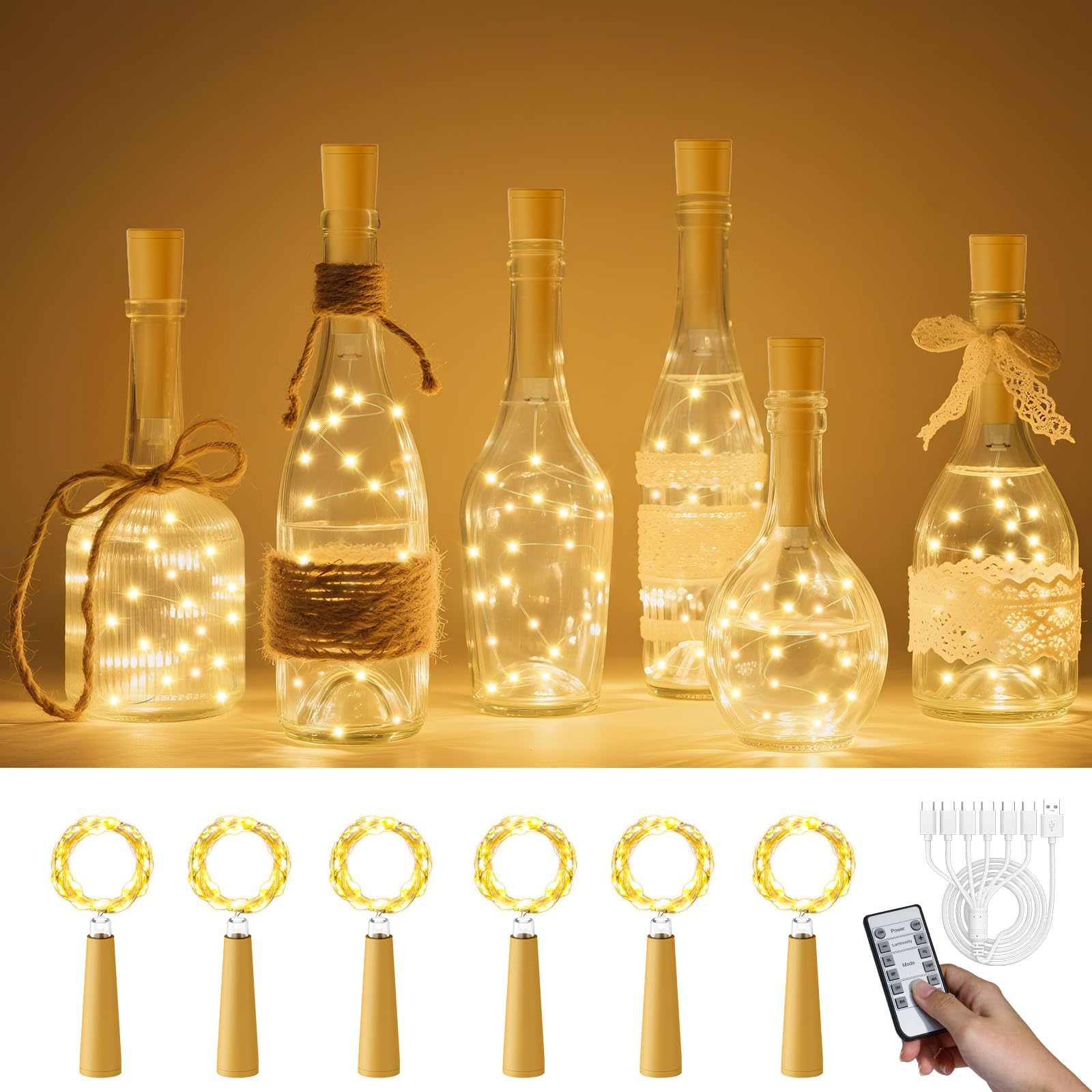 PChero USB Rechargeable Beverage Bottle Lights with Cork & Remote Timer  6 Pack 20 LED 6.6 ft Fairy String Lights for DIY Party Wedding Christmas Halloween Festival Bar Decoration