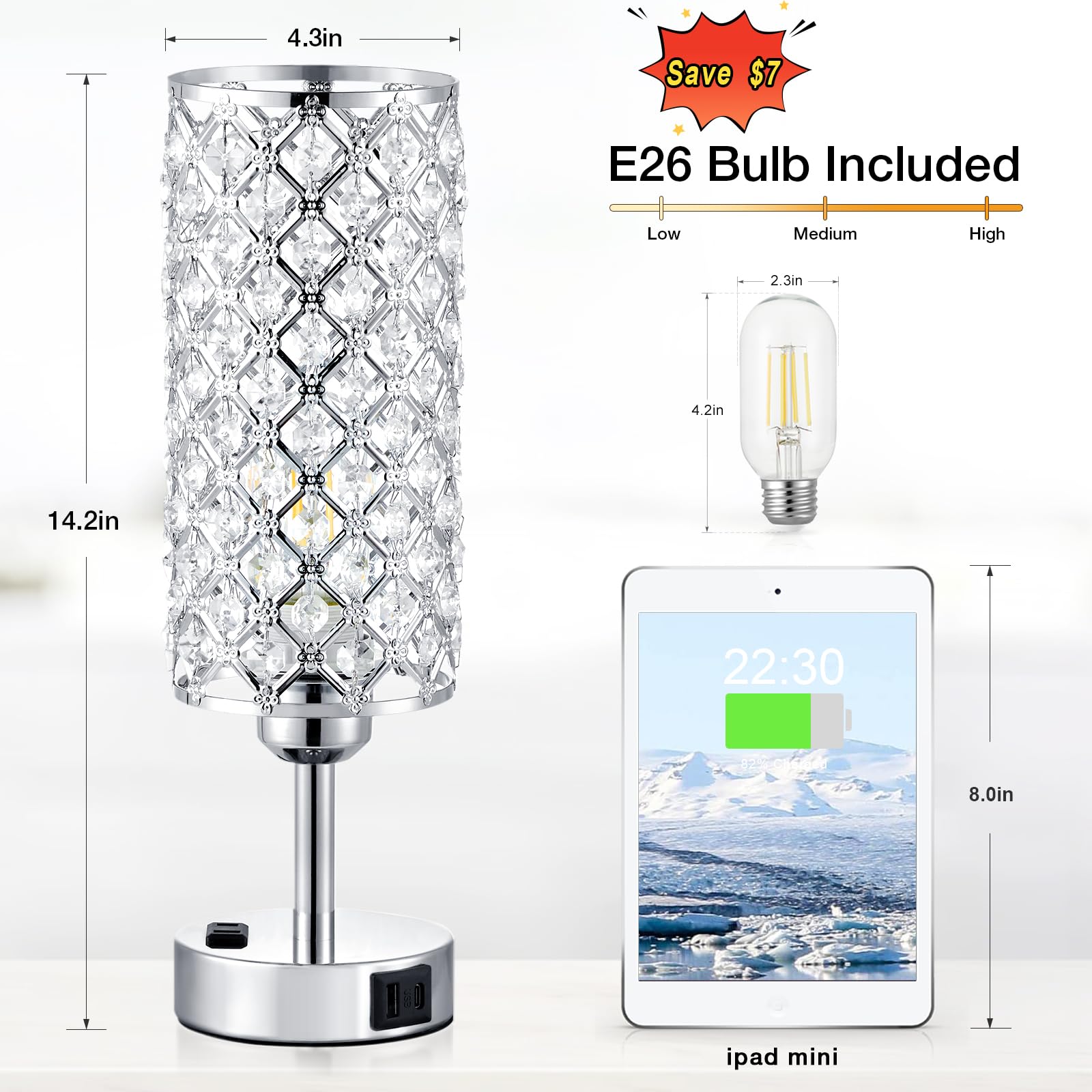 Hong-In Crystal Table Lamp, Lamp For Bedroom With Usbc-A+ Ac Charging Ports, 3 Way Dimmable Light With Crystal Lampshade, Bedsid