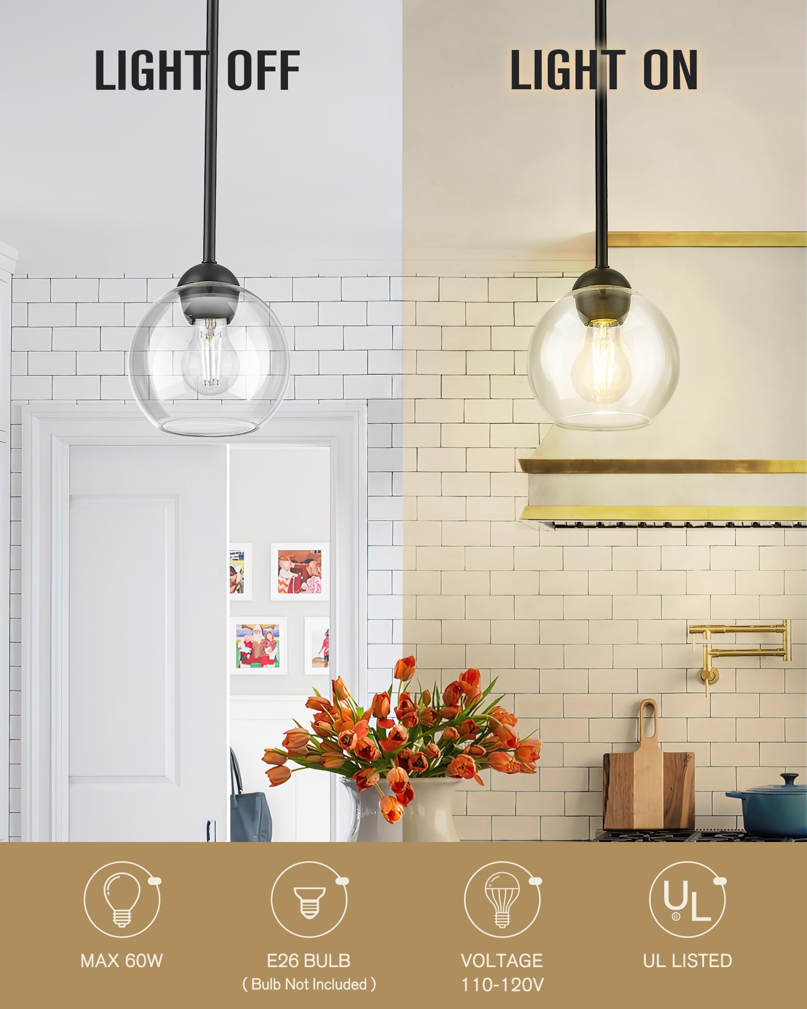 Emak 7 Inch Globe Pendant Light, Matte Black Pendant Light Fixtures With Clear Glass, 1-Light Hanging Lights For Kitchen, Bathro