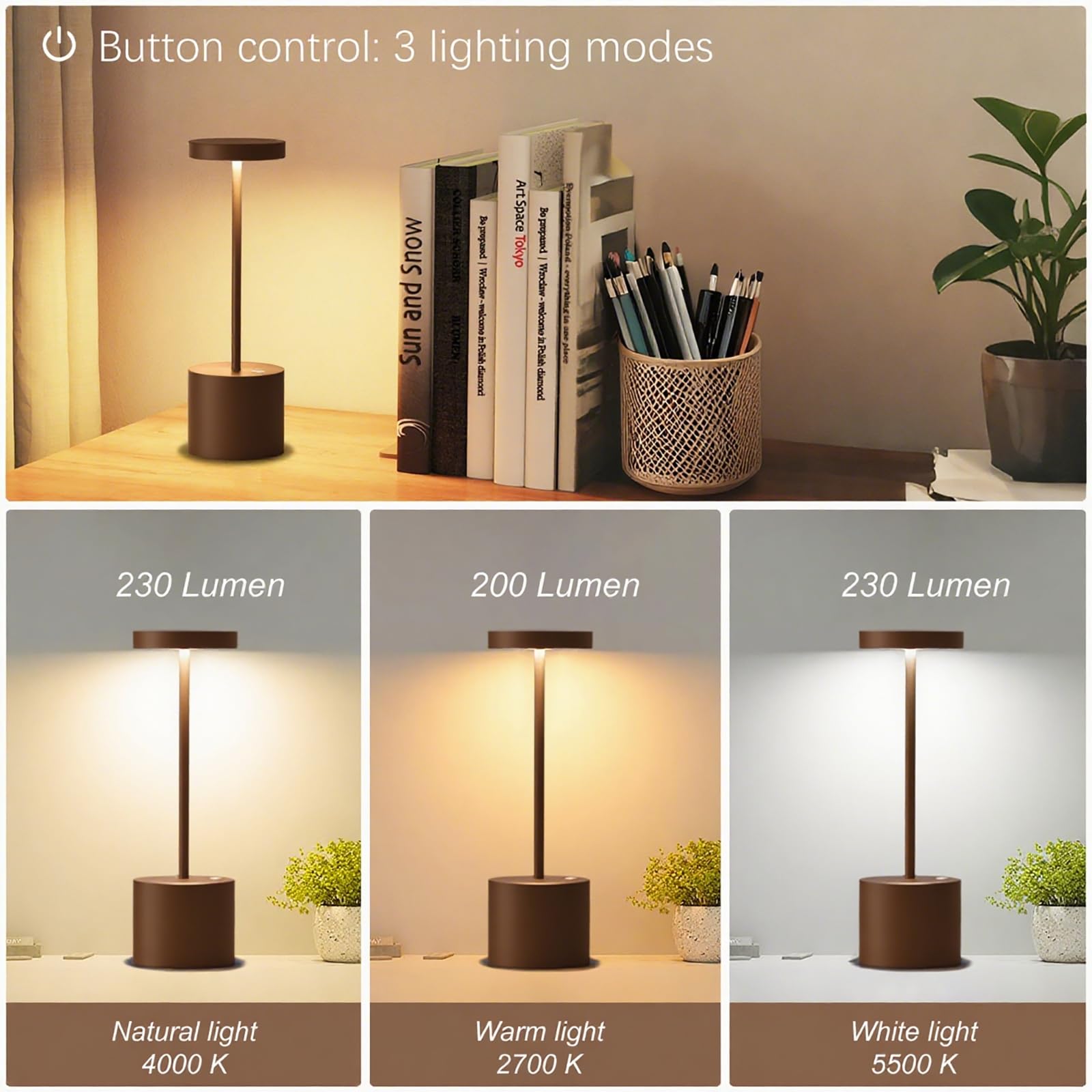 Barryca Rechargeable Cordless Table Lamp, Metal Dimmable Led Light, 2 Pack, Mocha, Portable For Indoor/Outdoor Use