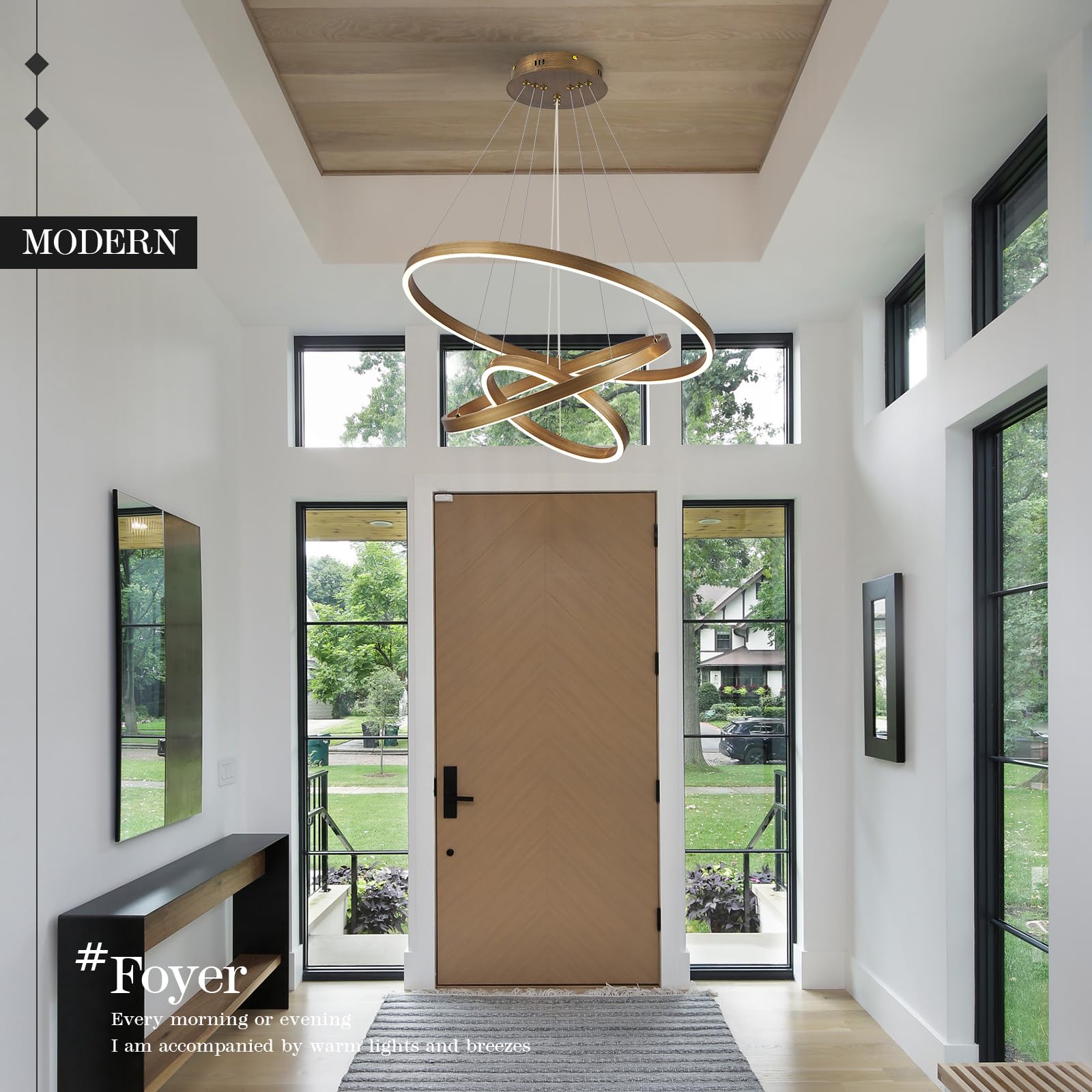 CaraLuxe LED 3-Ring Chandelier, Dimmable Pendant Light, 24in Gold Brass, Remote Control, Model 22